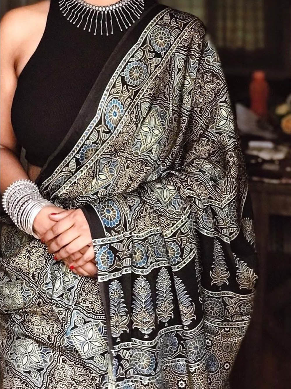 Safeda Ajrakh Hand Block Printed Modal Silk Saree 