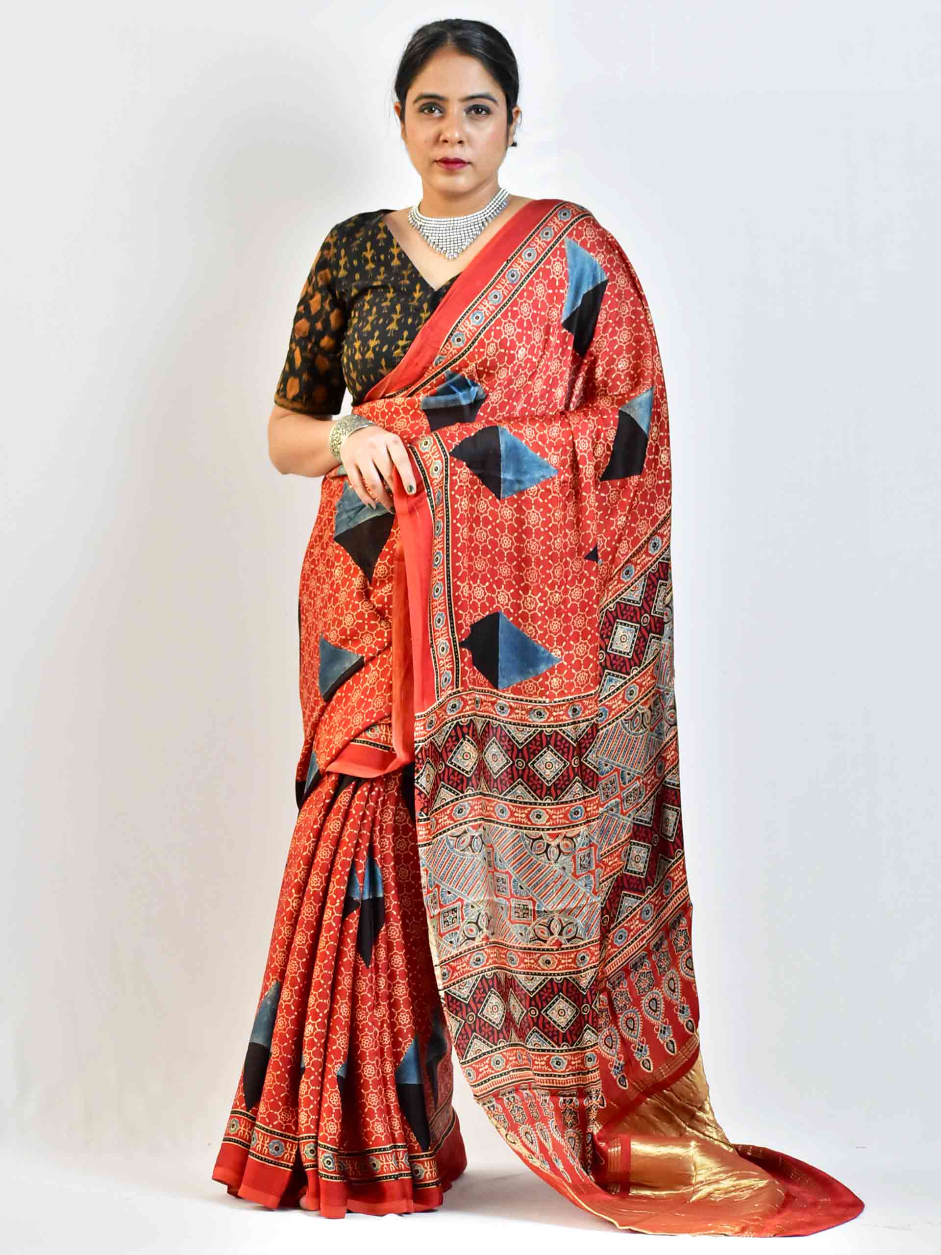 Safeda Ajrakh Hand Block Printed Modal Silk Saree 