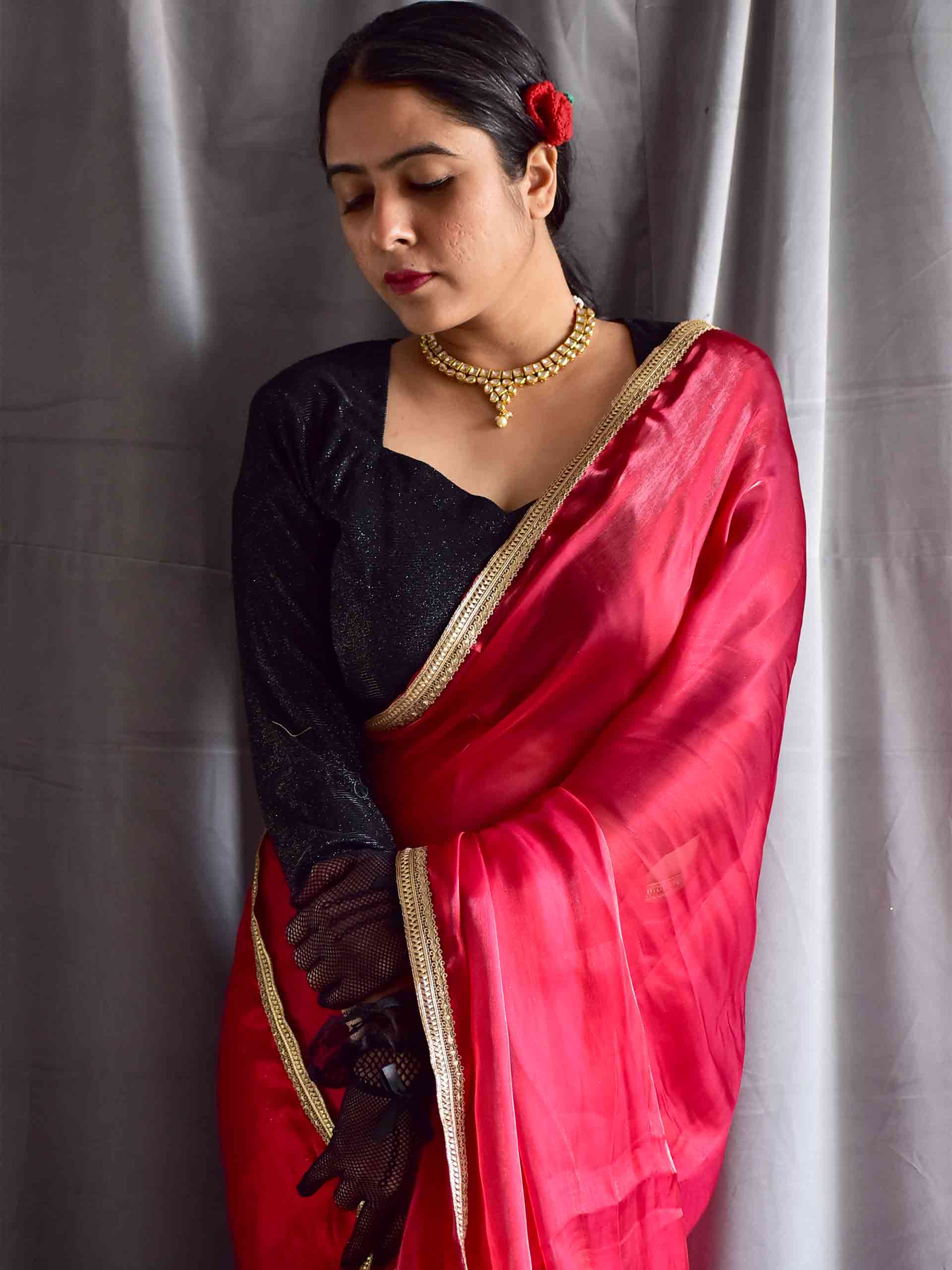 Red saree hot sale with black blouse