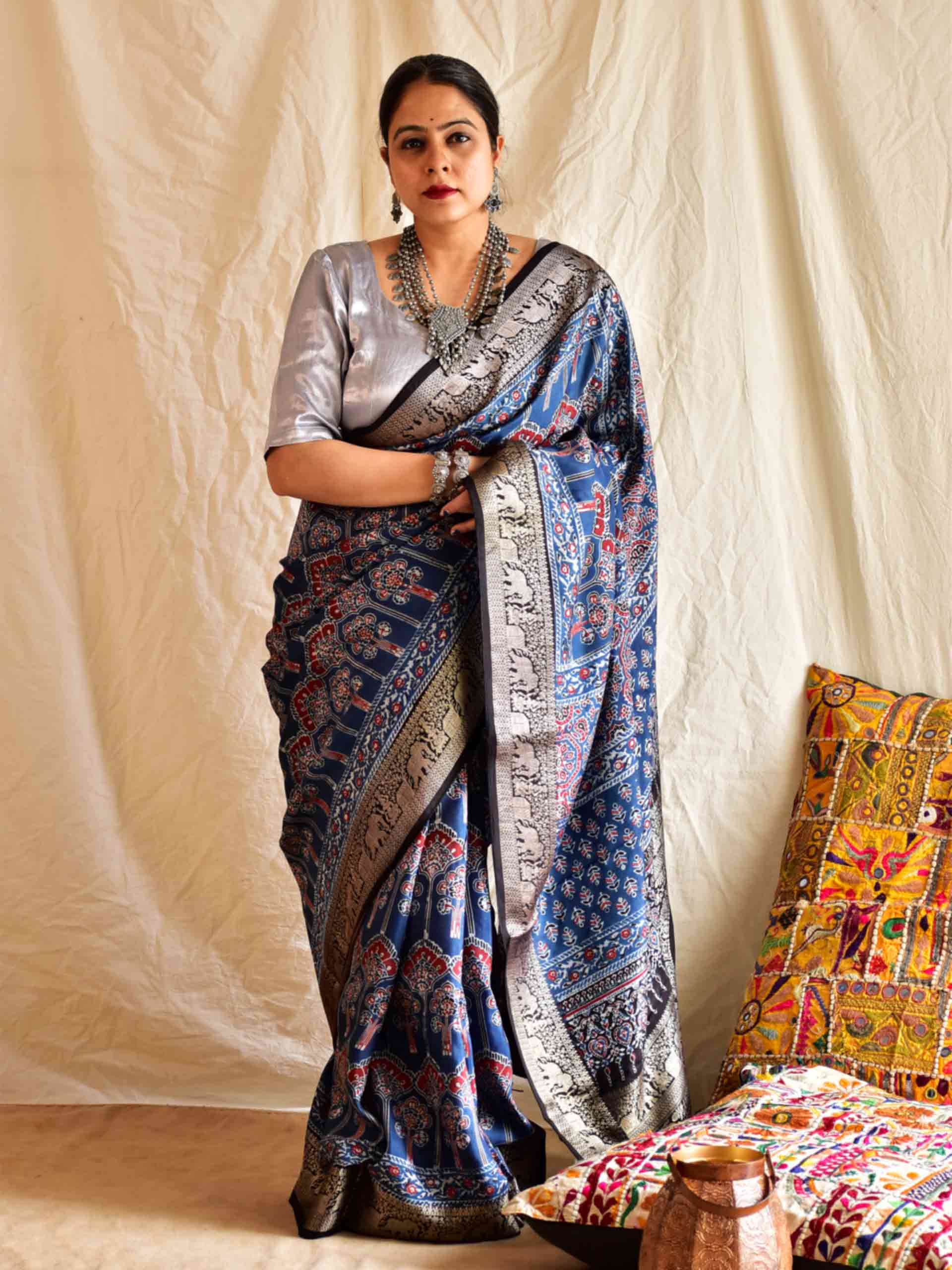 Modal Ajrakh Blue Base Silk Saree - Byhand I Indian Ethnic Wear Online I  Sustainable Fashion I Handmade Clothes