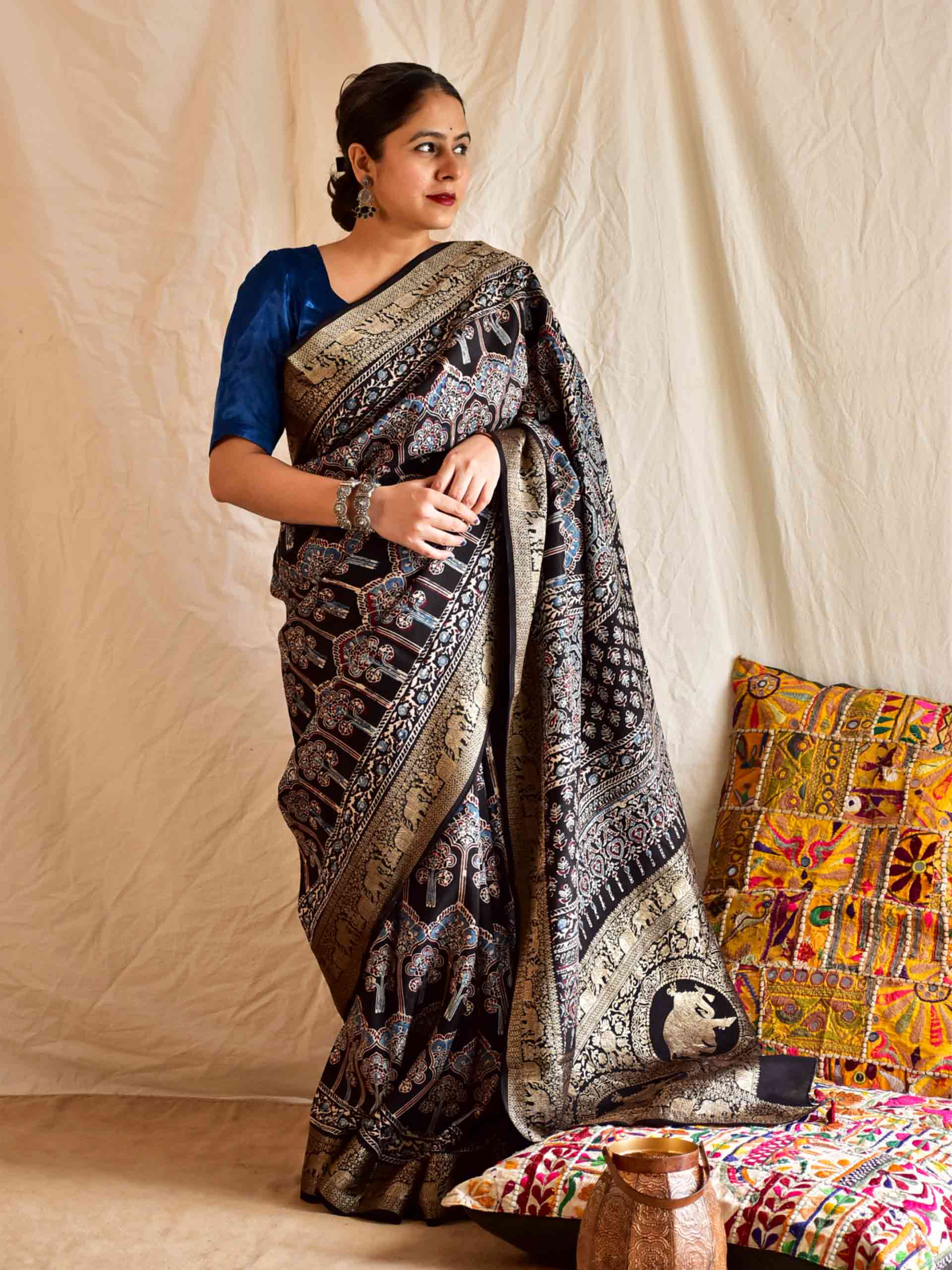 Women's Ajrak Block Print Dola Silk Saree With Unstitched Blouse Piece -  Etsy