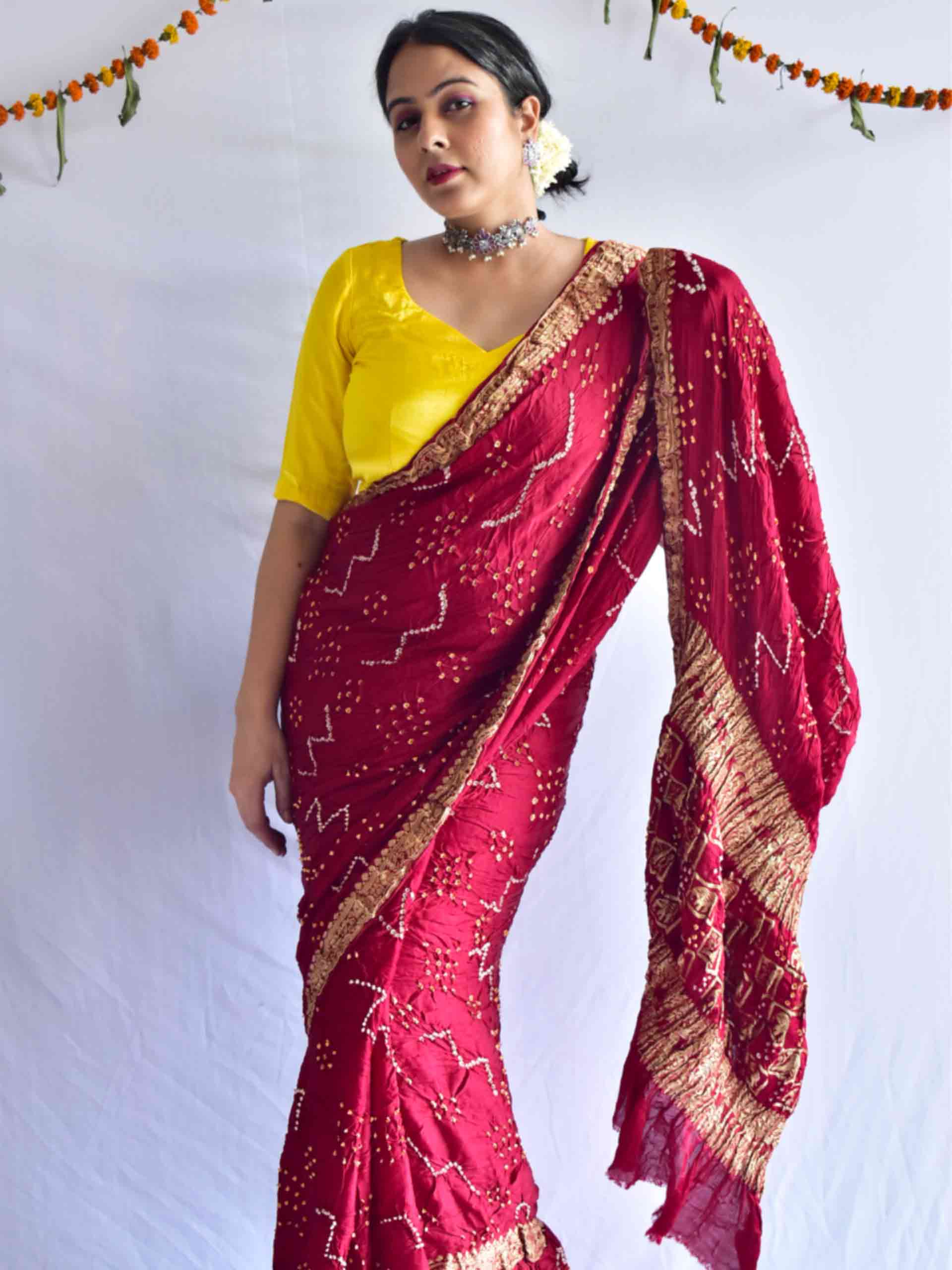Buy Cream Bandhani Printed Satin Saree With Blouse Online At Zeel Clothing