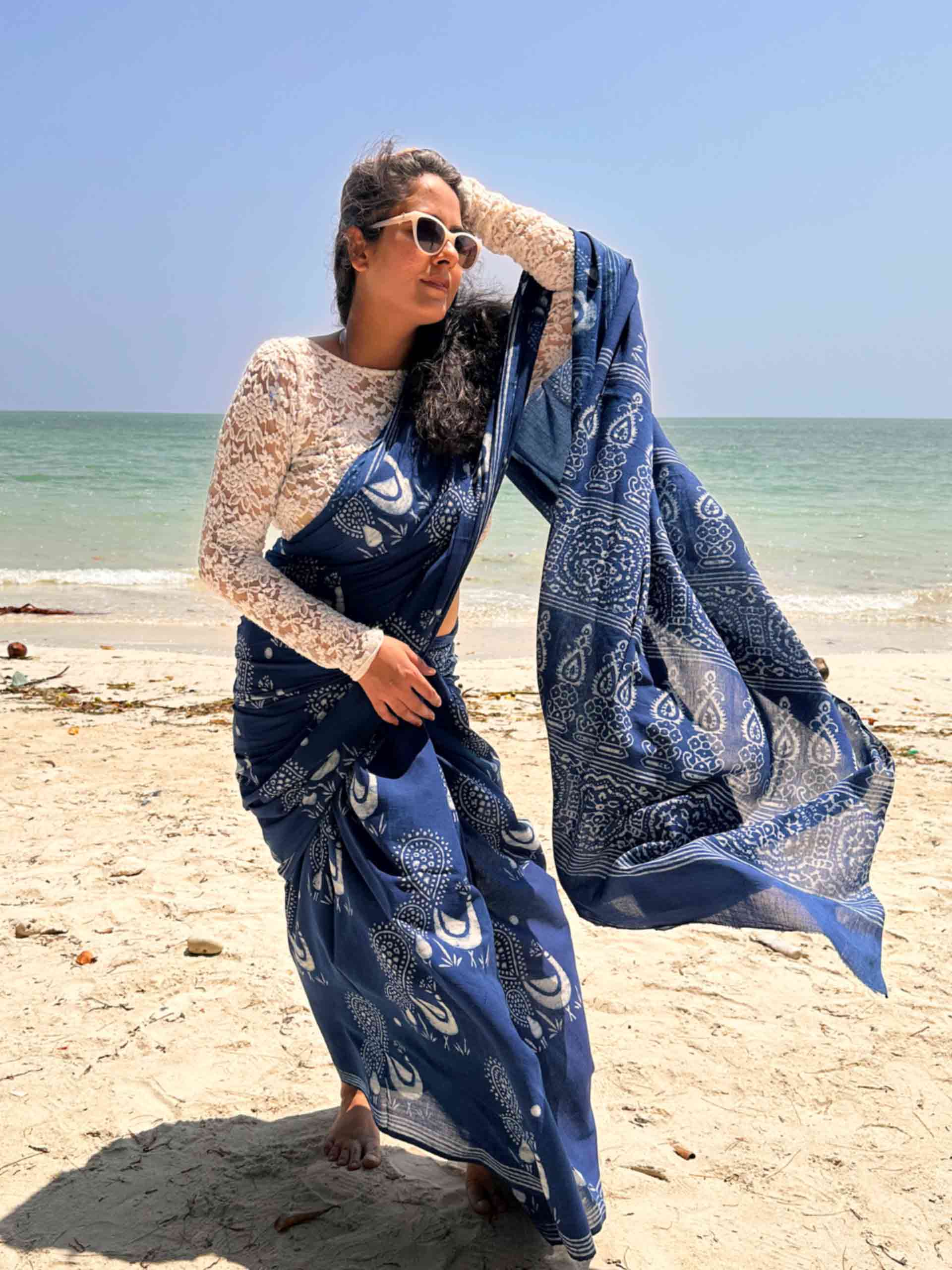 Plume Indigo mul cotton saree