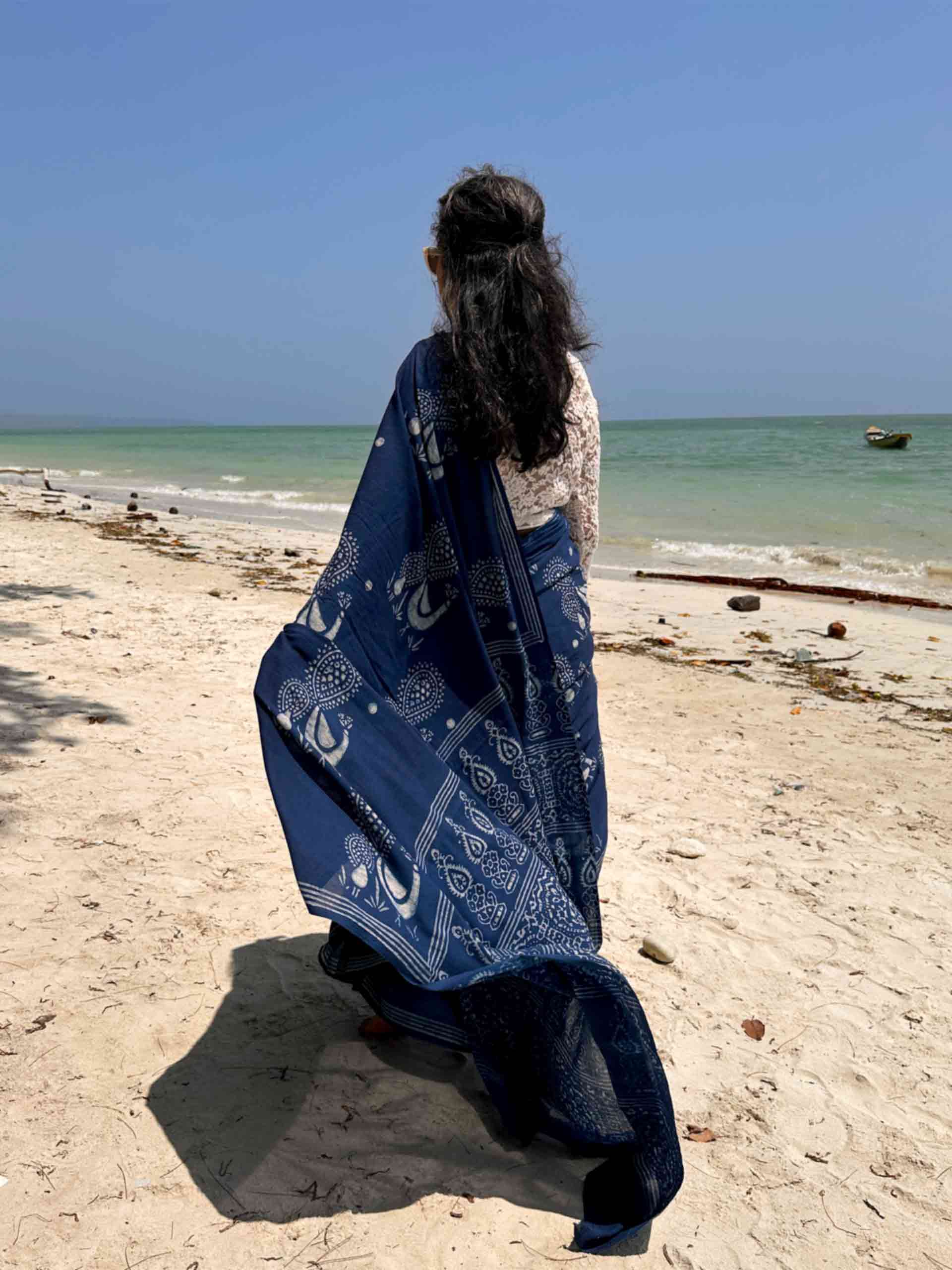 Plume Indigo mul cotton saree