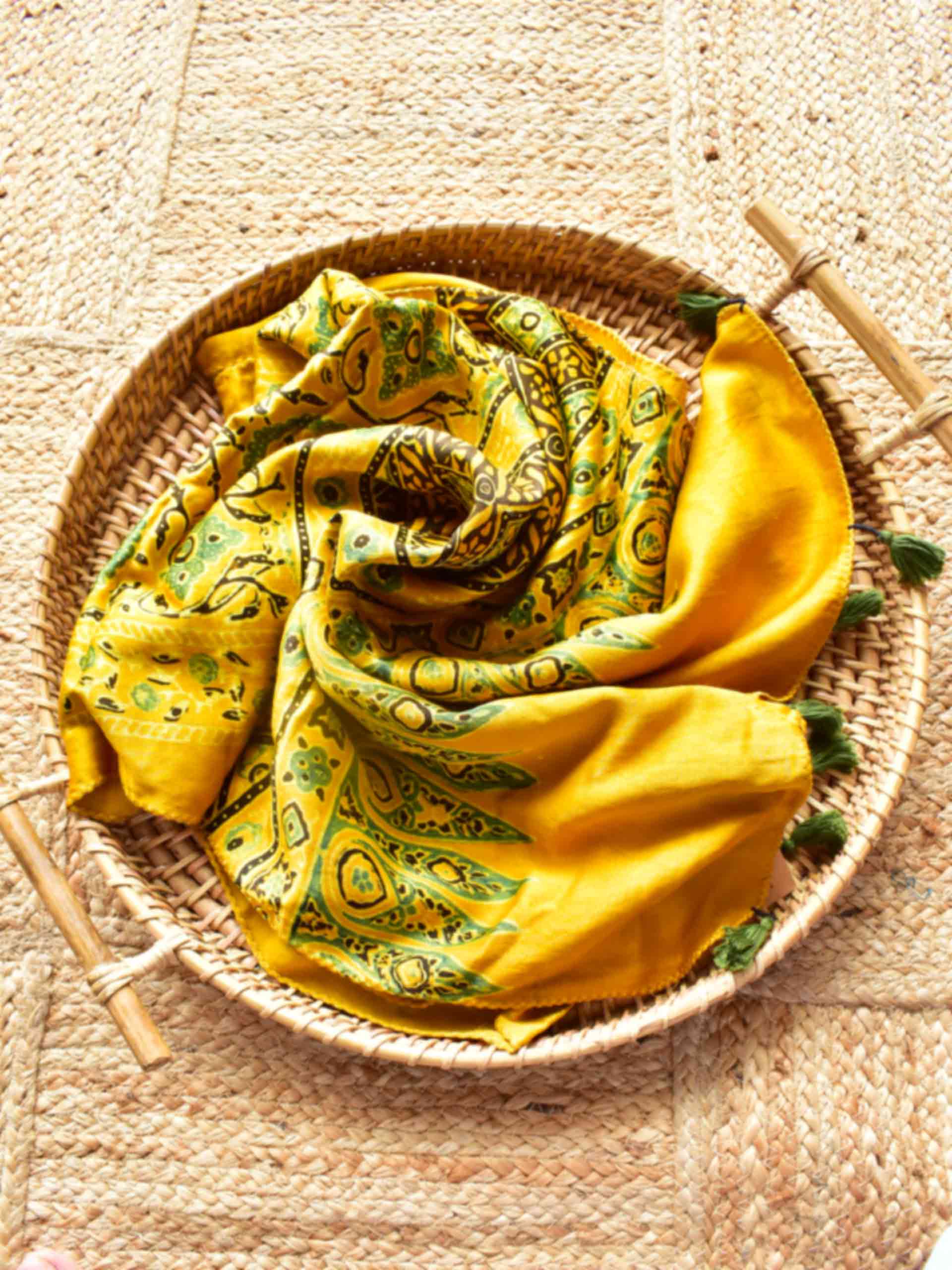 Yellow dust - Ajrakh hand block printed Mashru silk stole