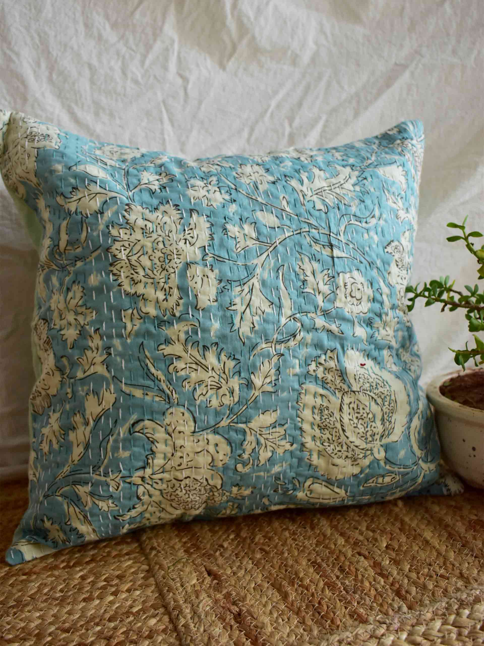 Winter views - kantha cushion cover 16x16