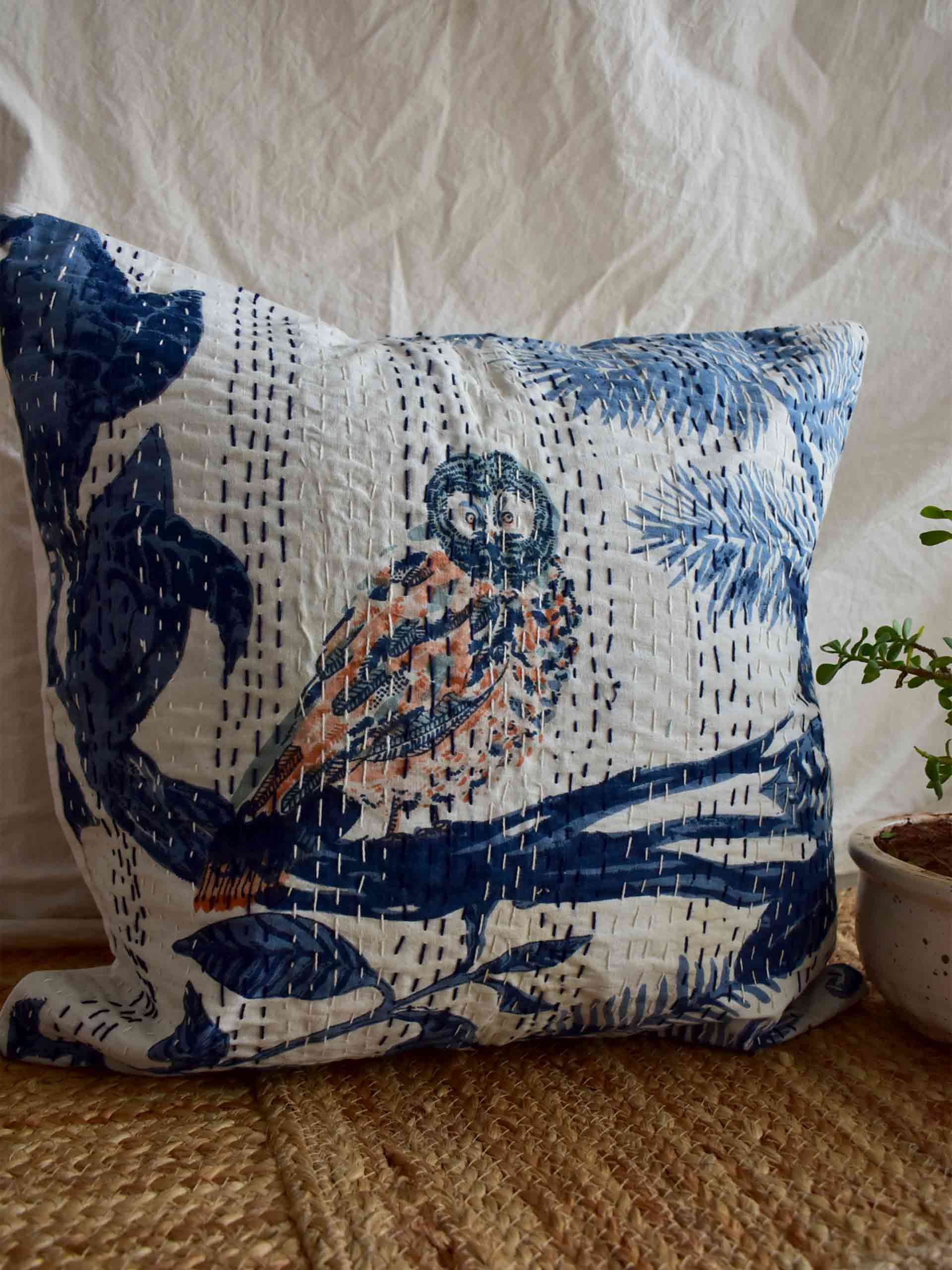 Owly - kantha cushion cover 16x16