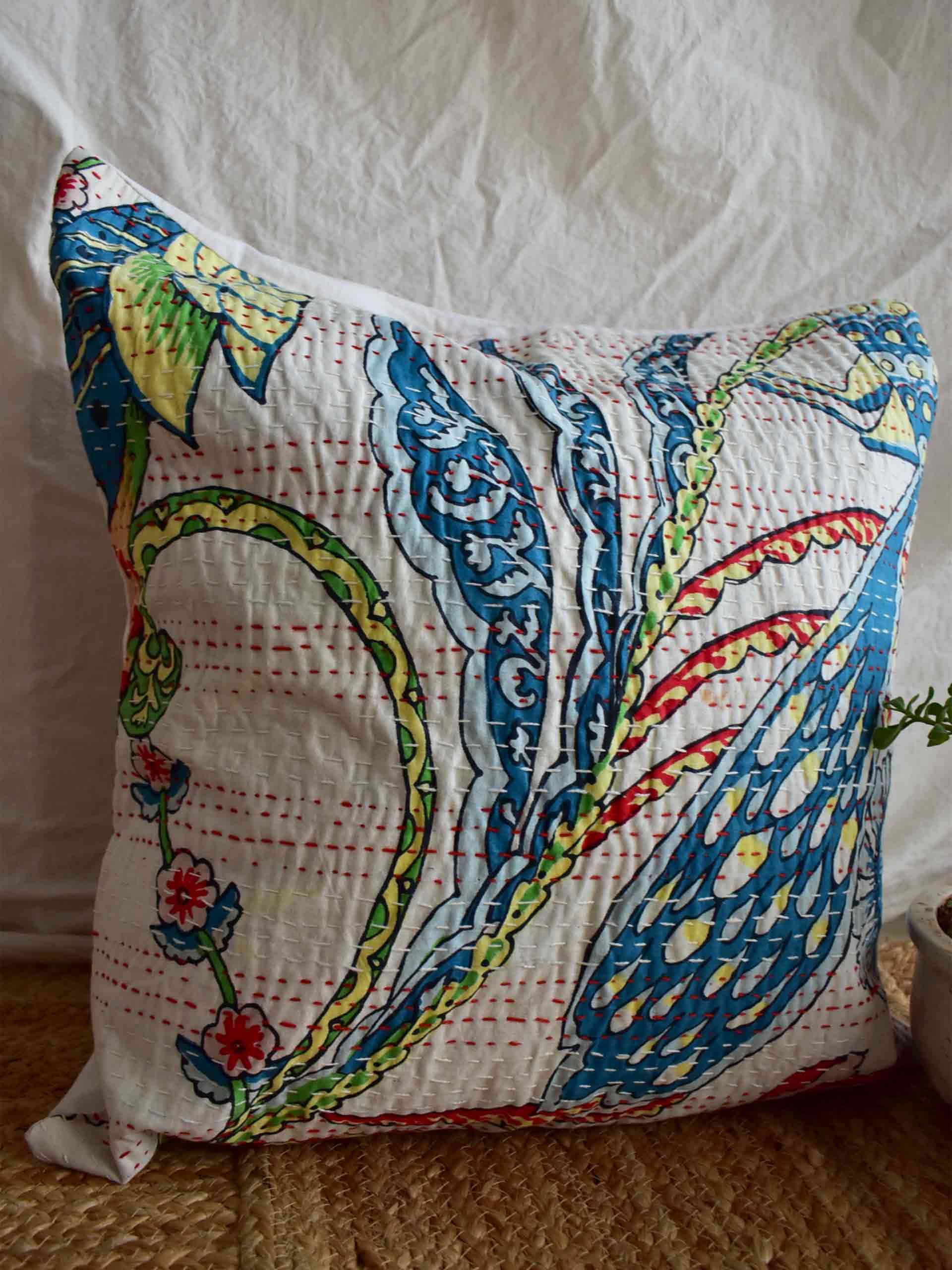 TREE bird - kantha cushion cover 16x16