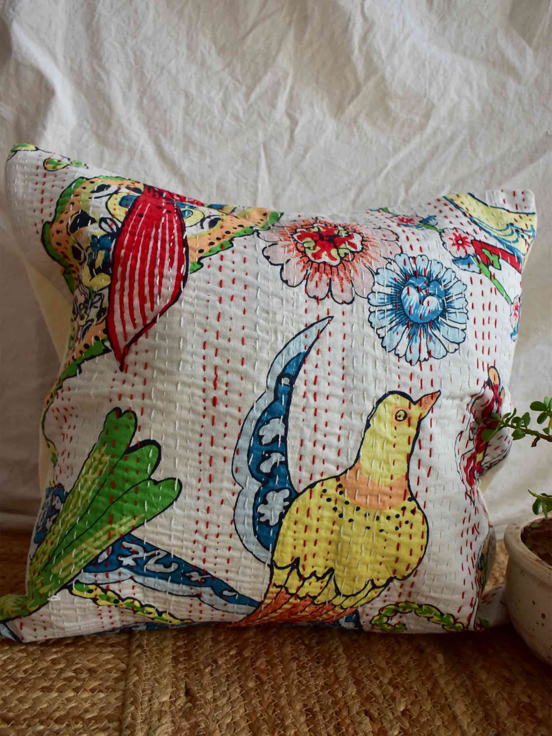 TREE bird - kantha cushion cover 16x16