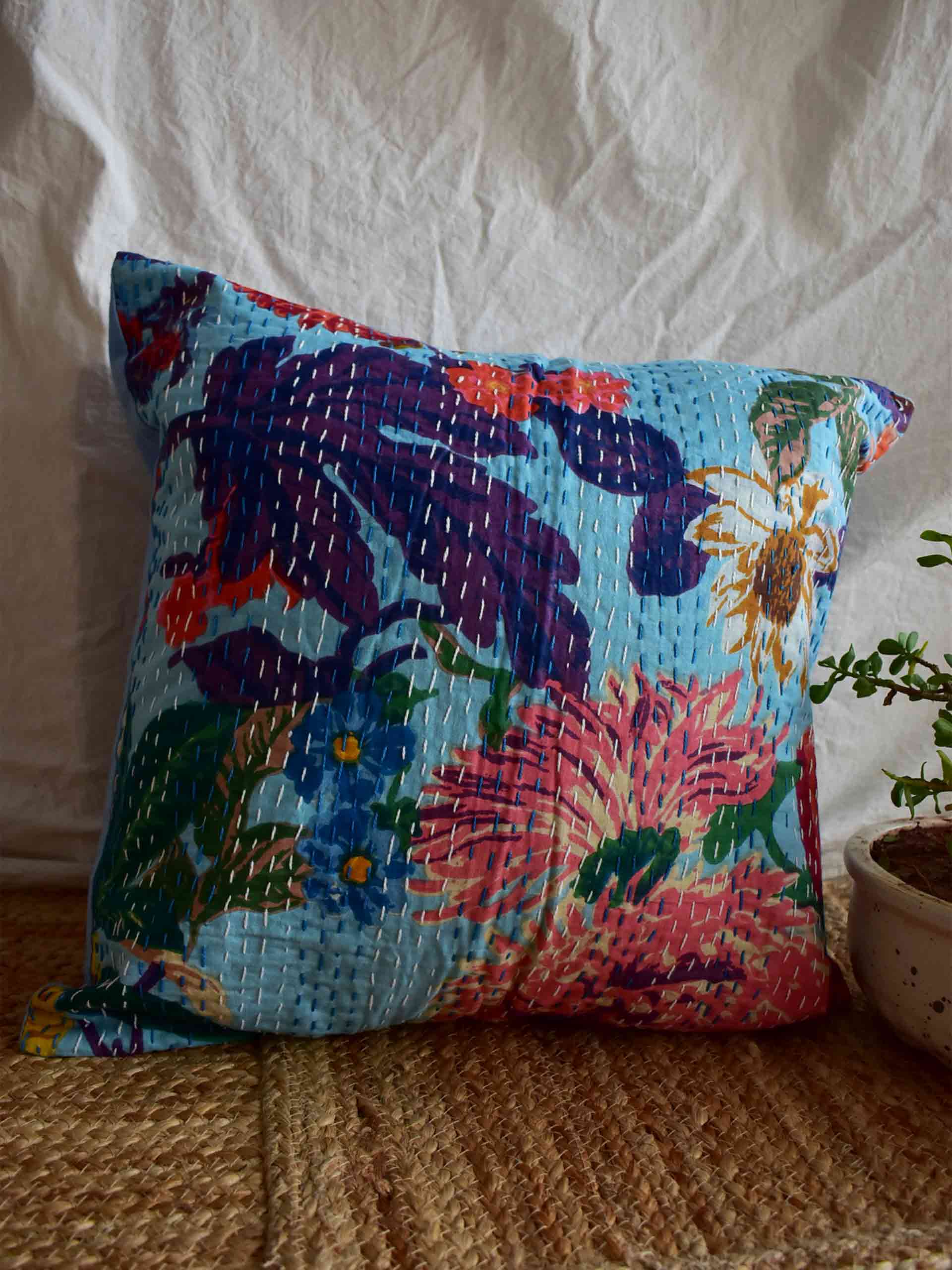 Sea views - kantha cushion cover 16x16