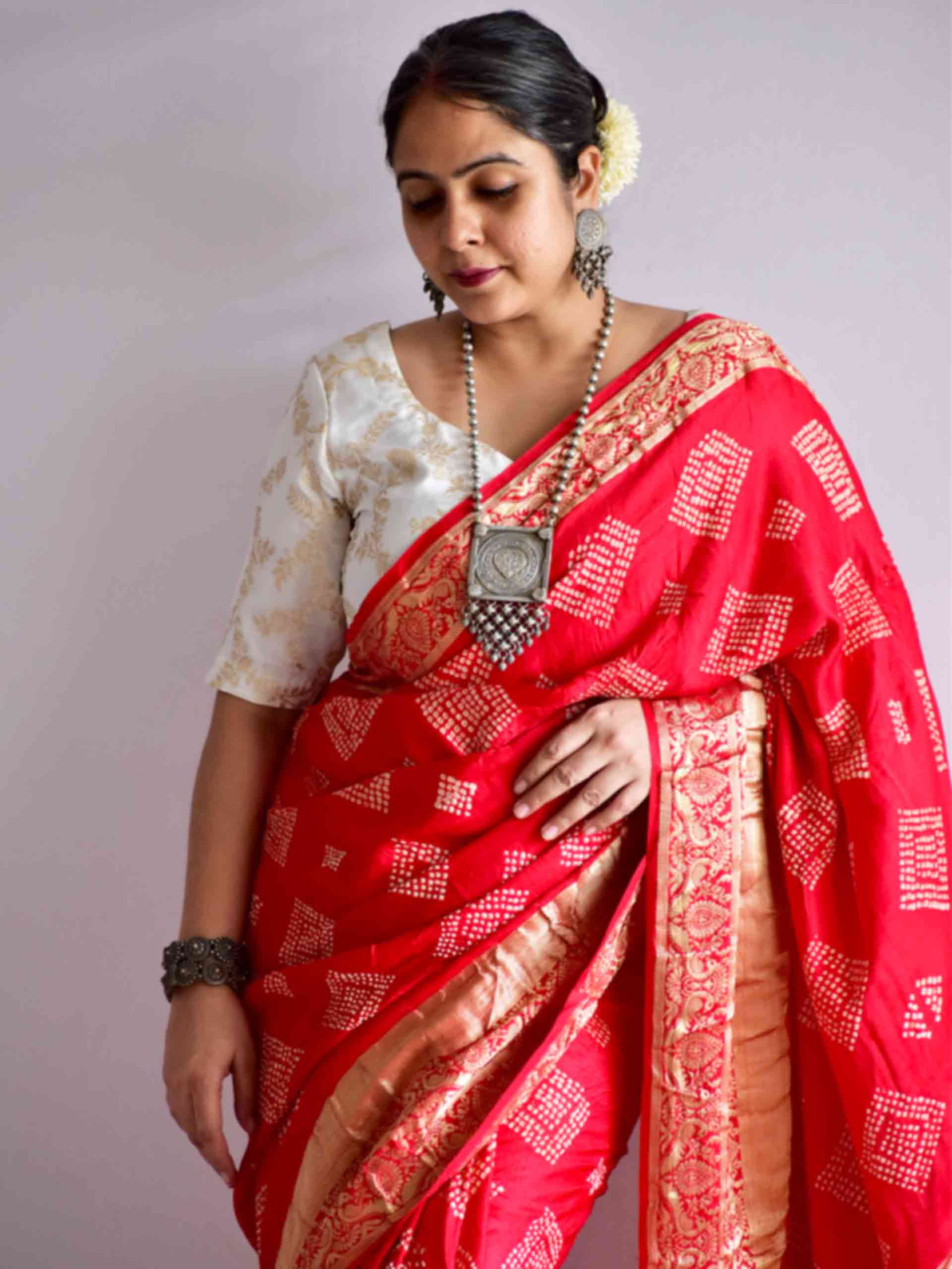 Chamki - Gajji silk Rai bandhej zari pallu saree