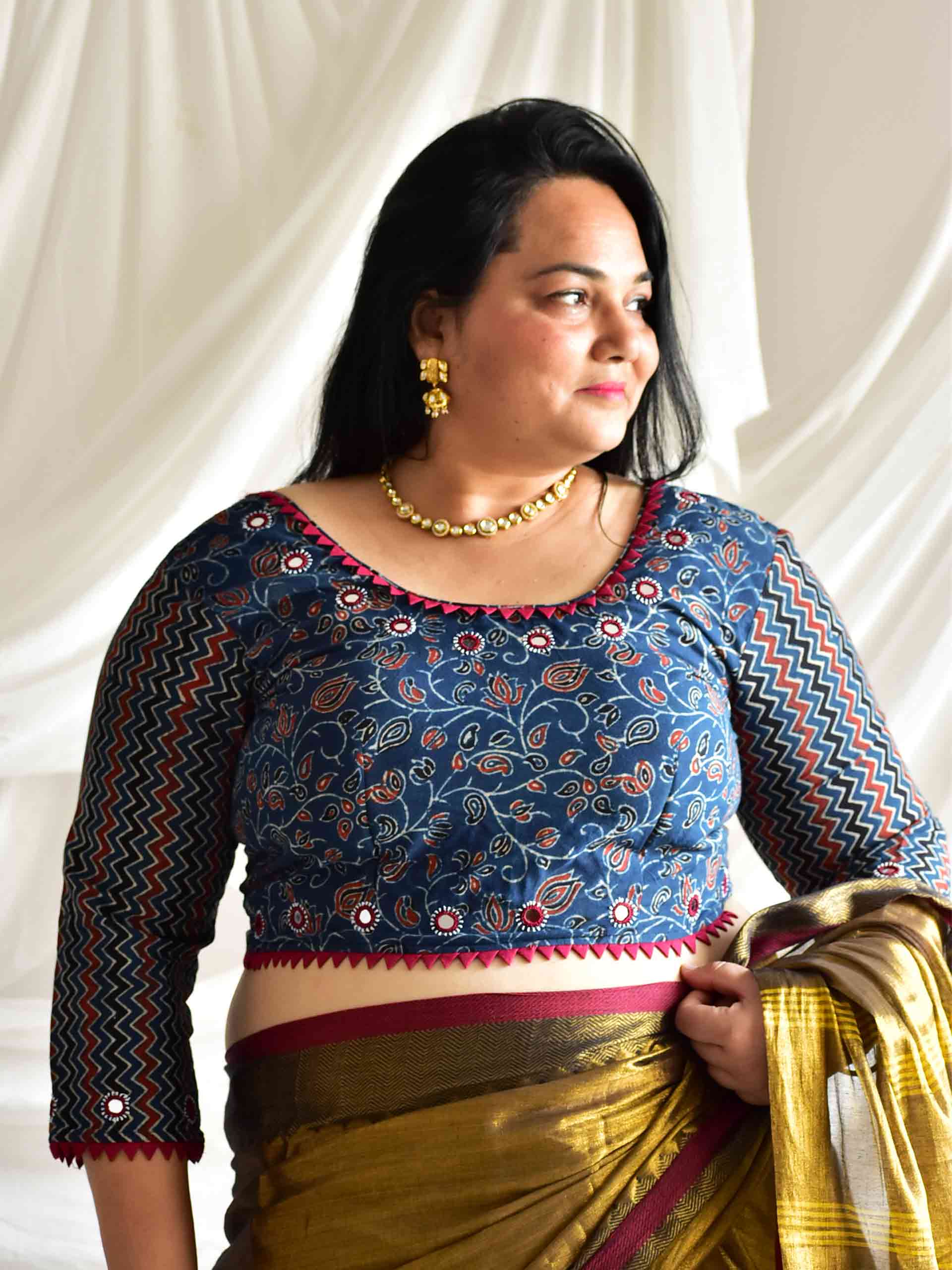 Blues - Plus size Ajrakh hand block printed Kutch mirror work blouse