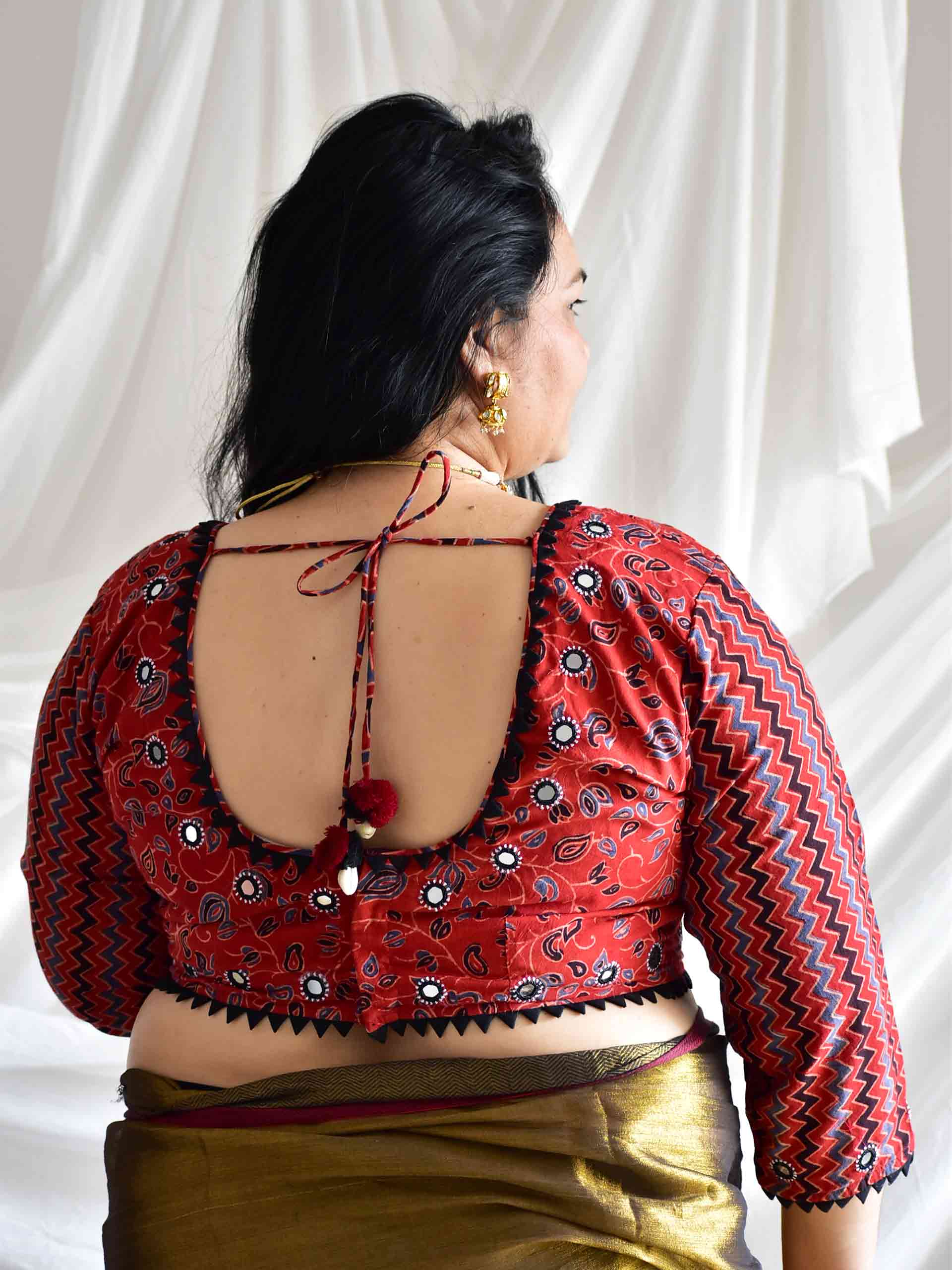 Maroons - Plus size Ajrakh hand block printed Kutch mirror work blouse