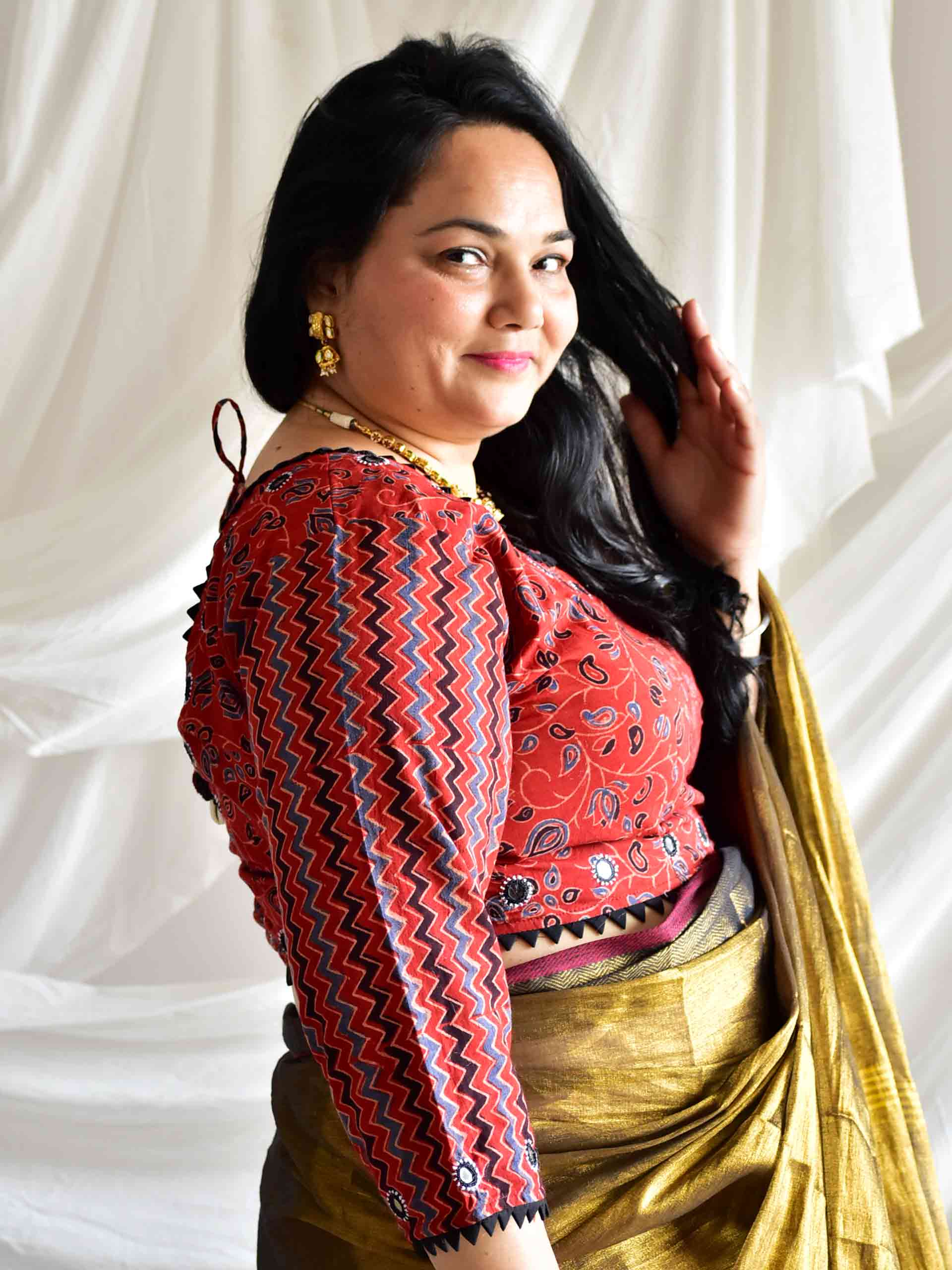 Maroons - Plus size Ajrakh hand block printed Kutch mirror work blouse