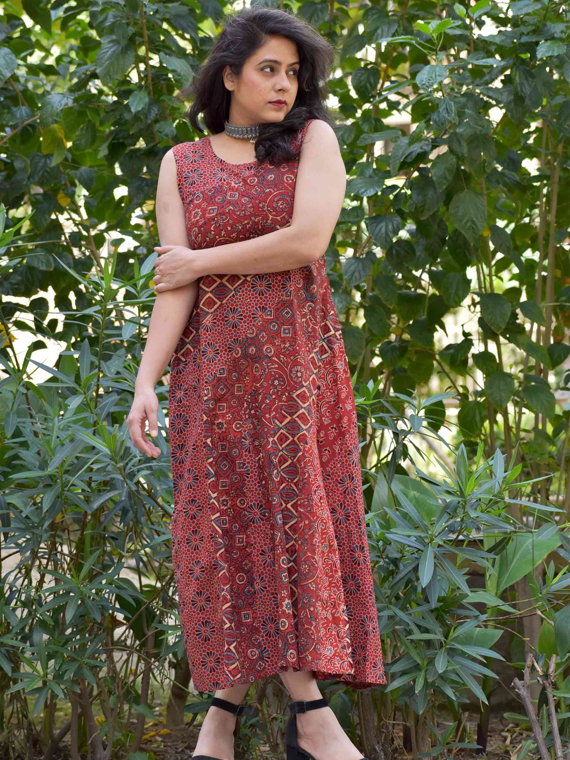 Buy Brown Ajrakh Hand Block Printed Modal Silk Dress | MA-D20-300/TAI1 |  The loom