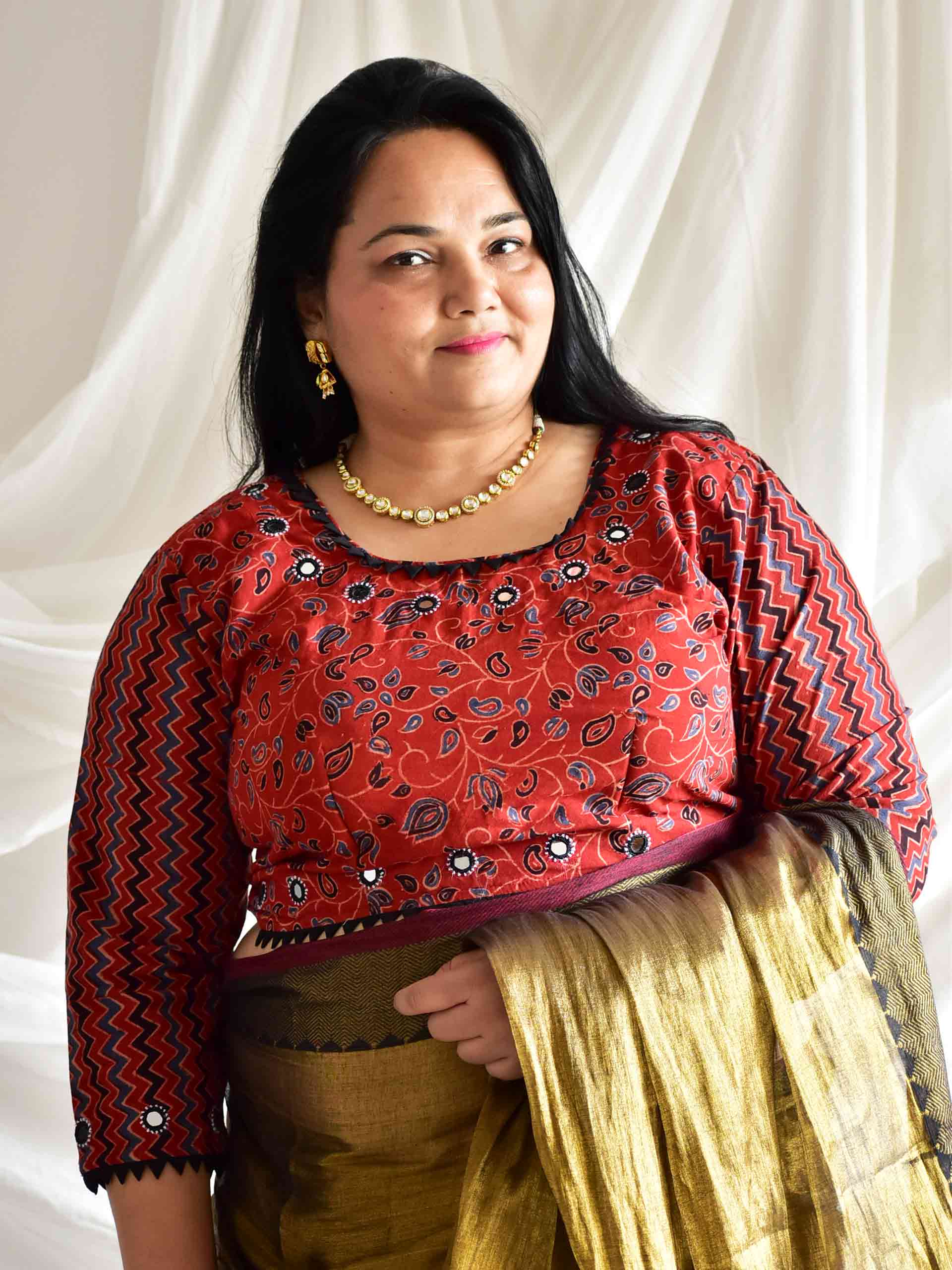 Maroons - Plus size Ajrakh hand block printed Kutch mirror work blouse