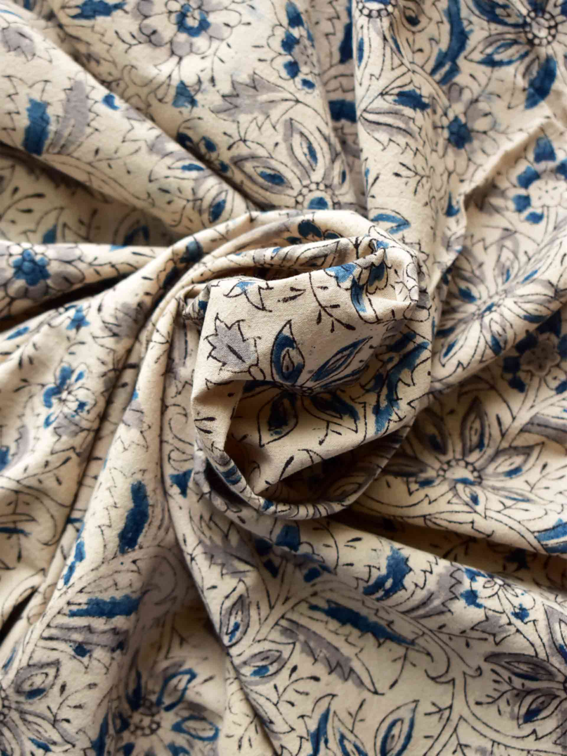 Serene - Kalamkari block printed cotton fabric 350 per meter