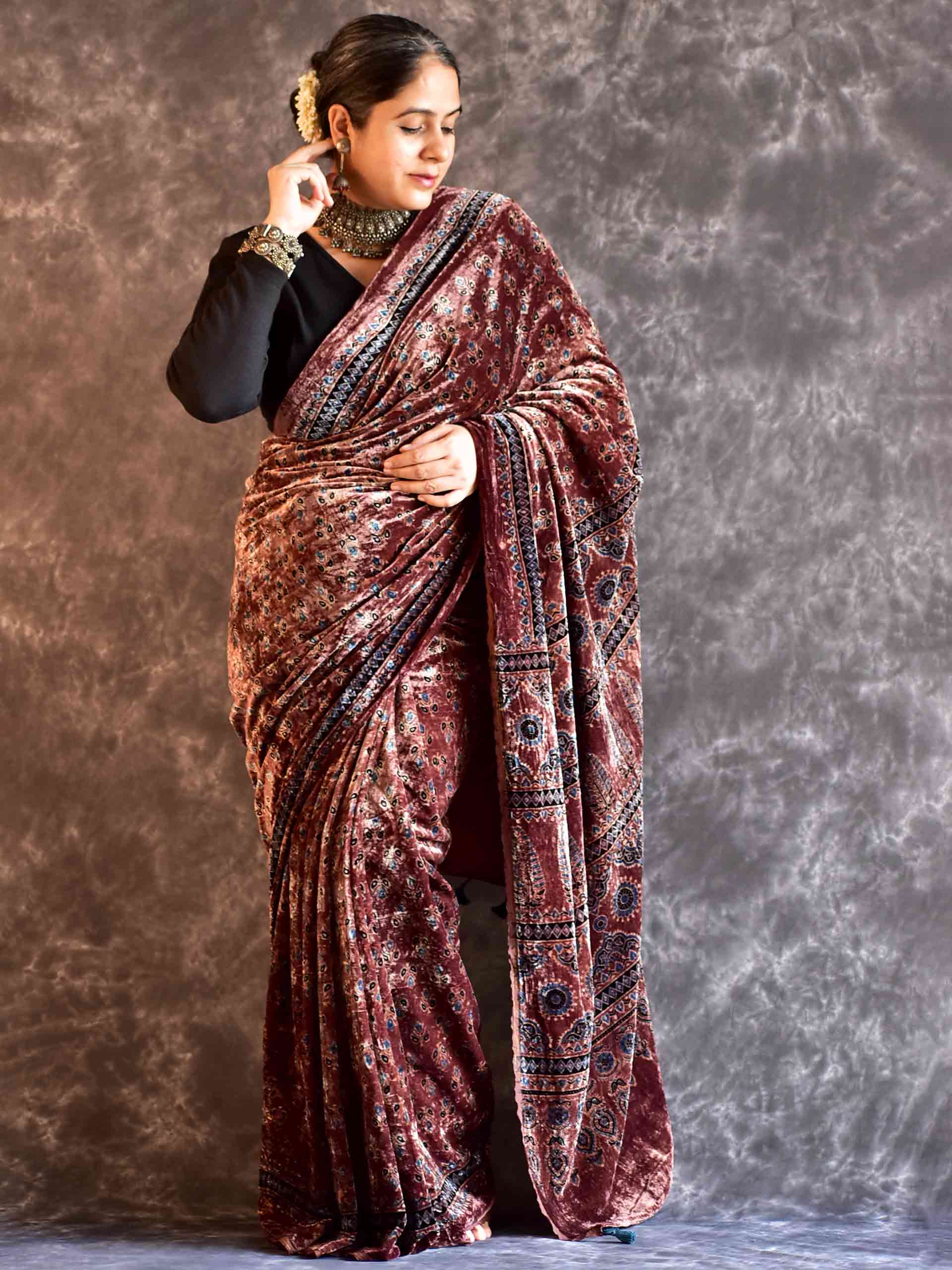 Raina - Ajrakh Silk Velvet Saree