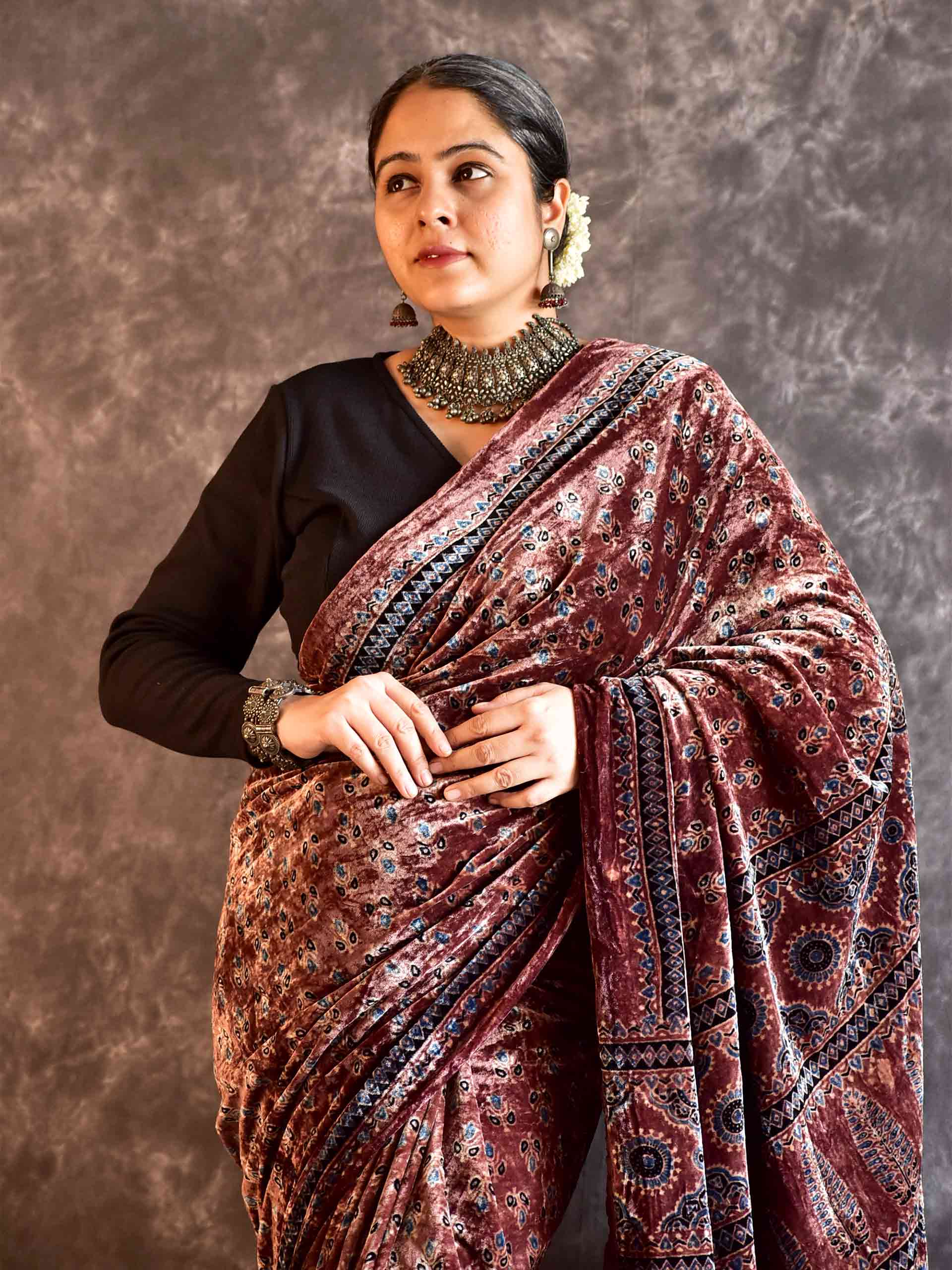 Raina - Ajrakh Silk Velvet Saree