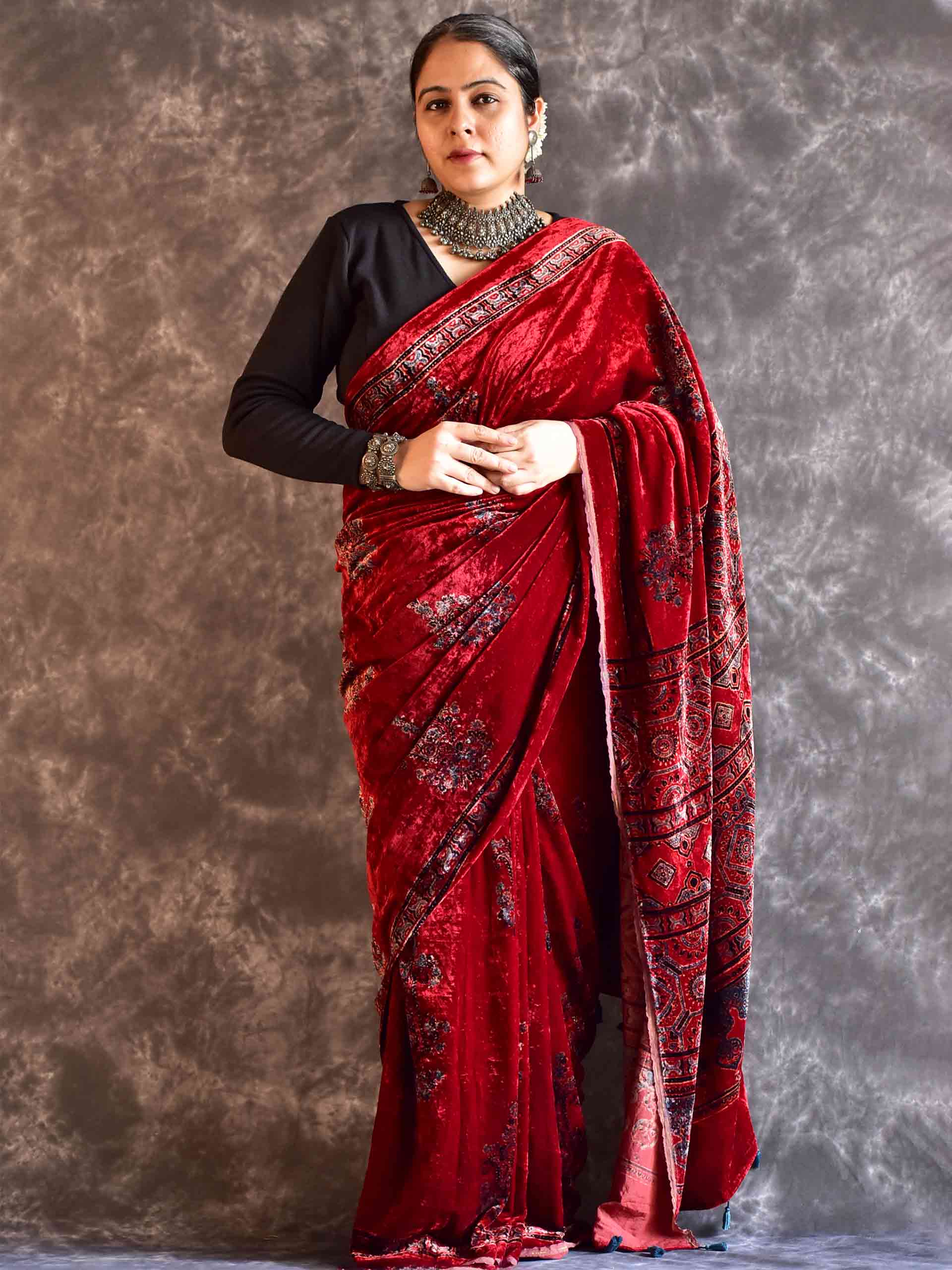 Mehnaaz - Ajrakh Silk Velvet Saree