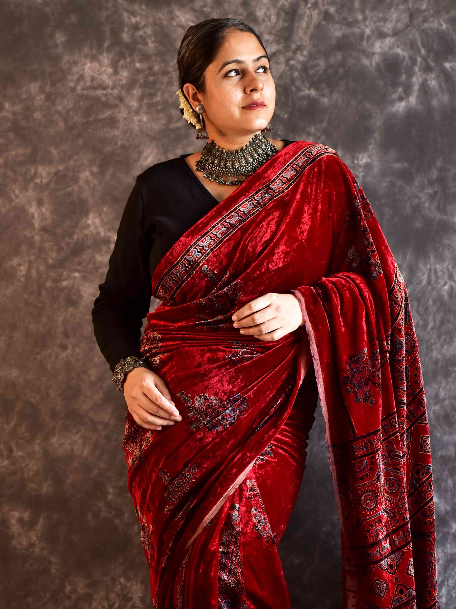 Mehnaaz - Ajrakh Silk Velvet Saree