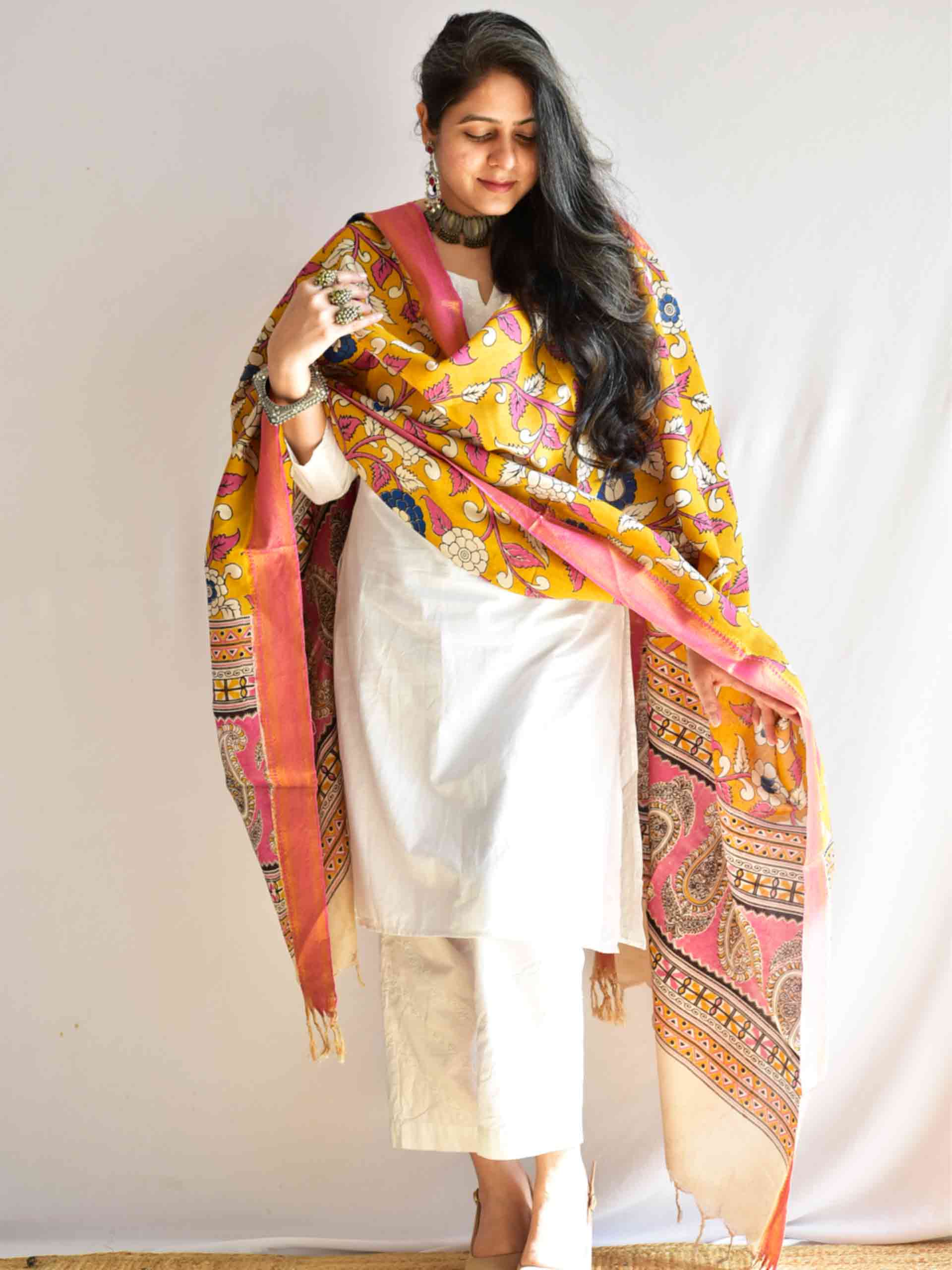 Gerua - Bangalore silk kalamkari Dupatta