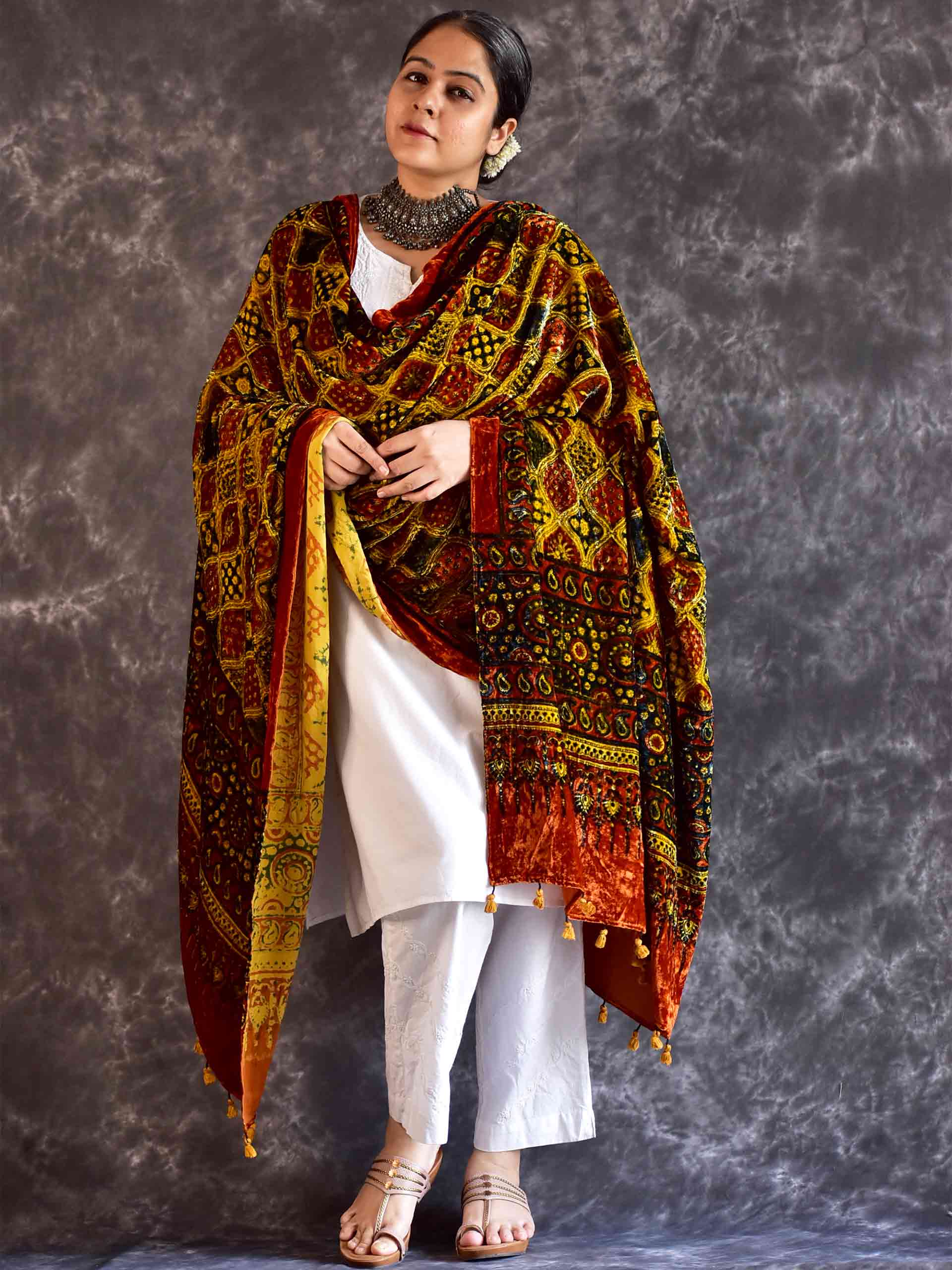 Saman - Ajrakh Silk Velvet Dupatta