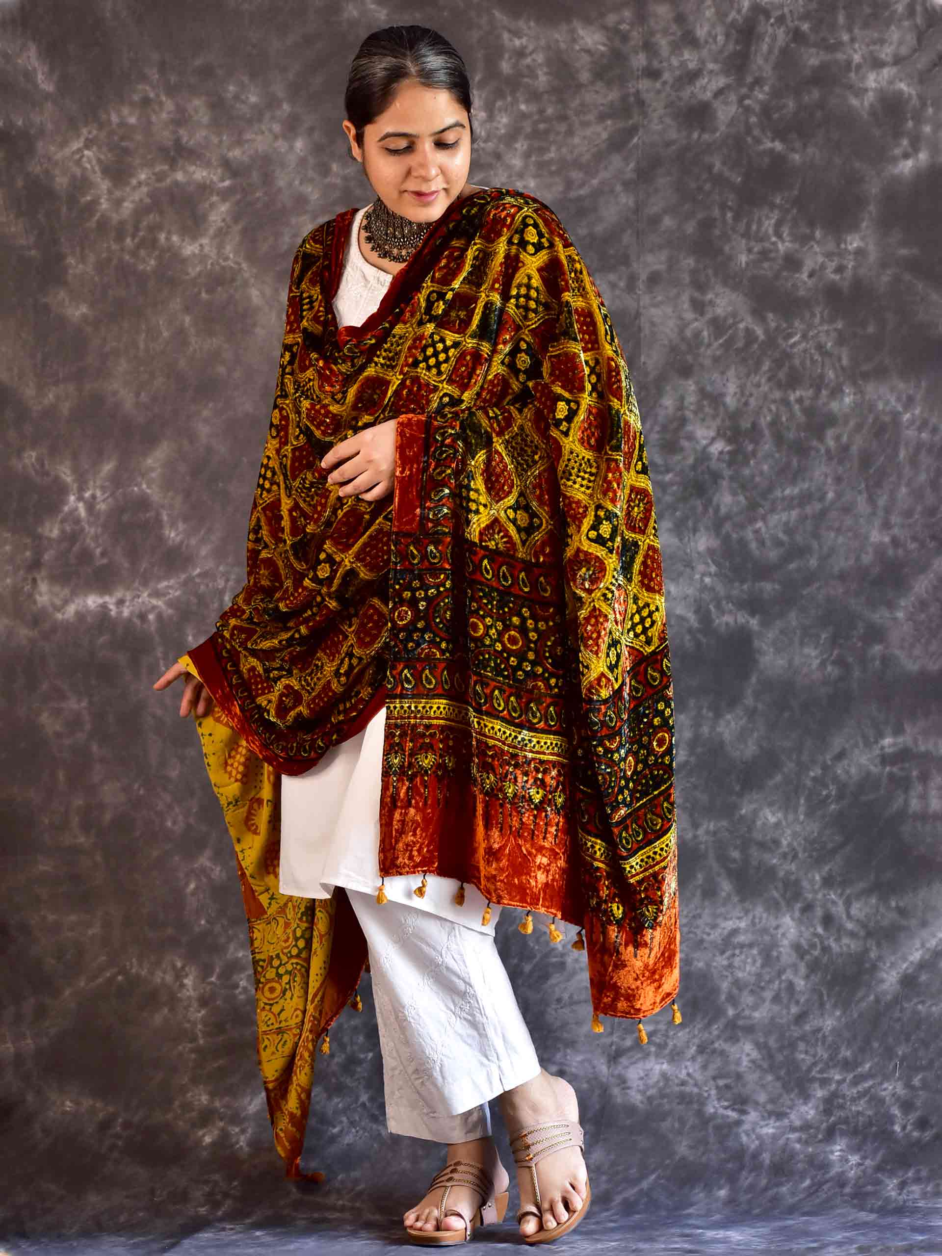 Saman - Ajrakh Silk Velvet Dupatta