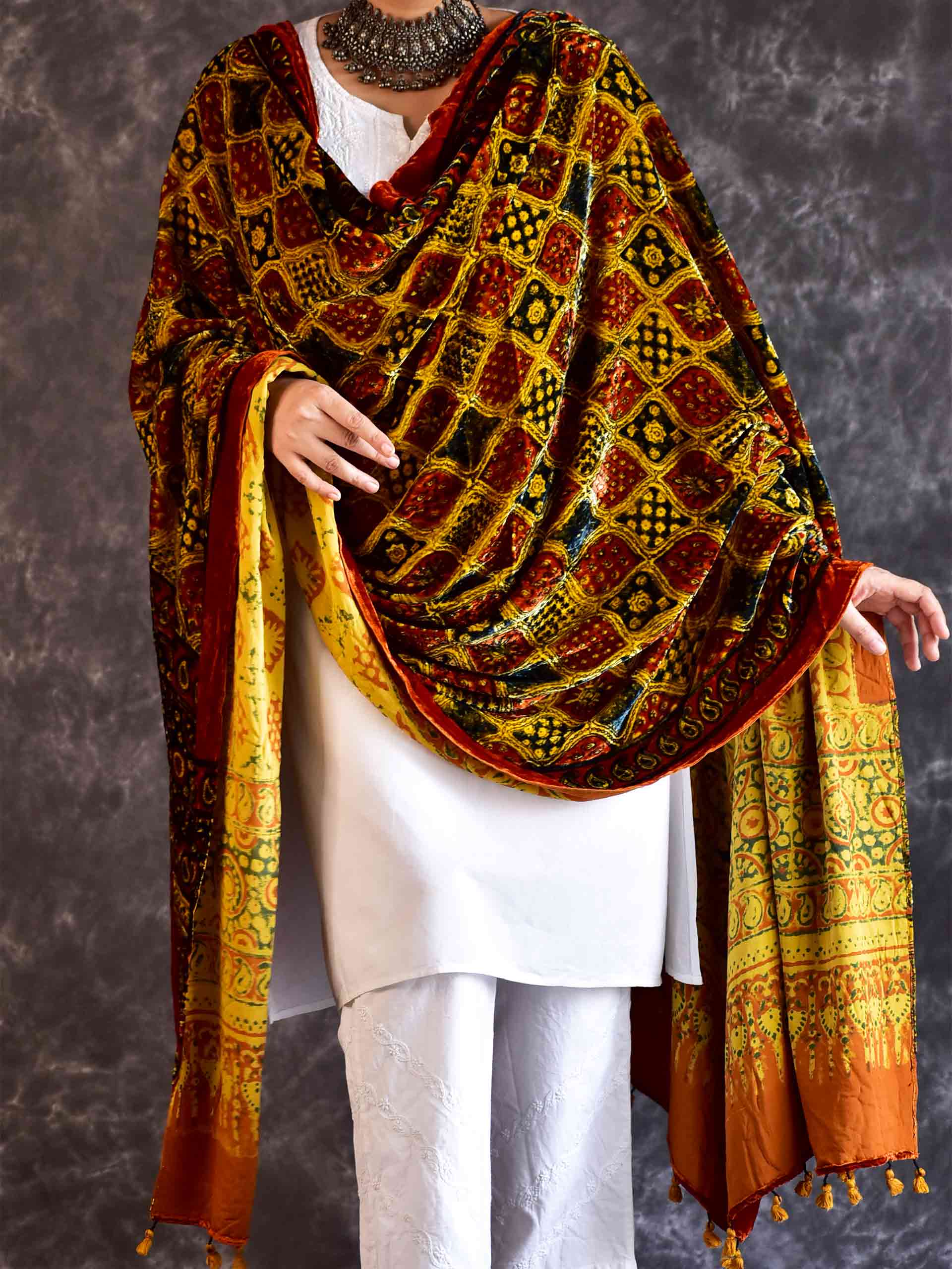 Saman - Ajrakh Silk Velvet Dupatta