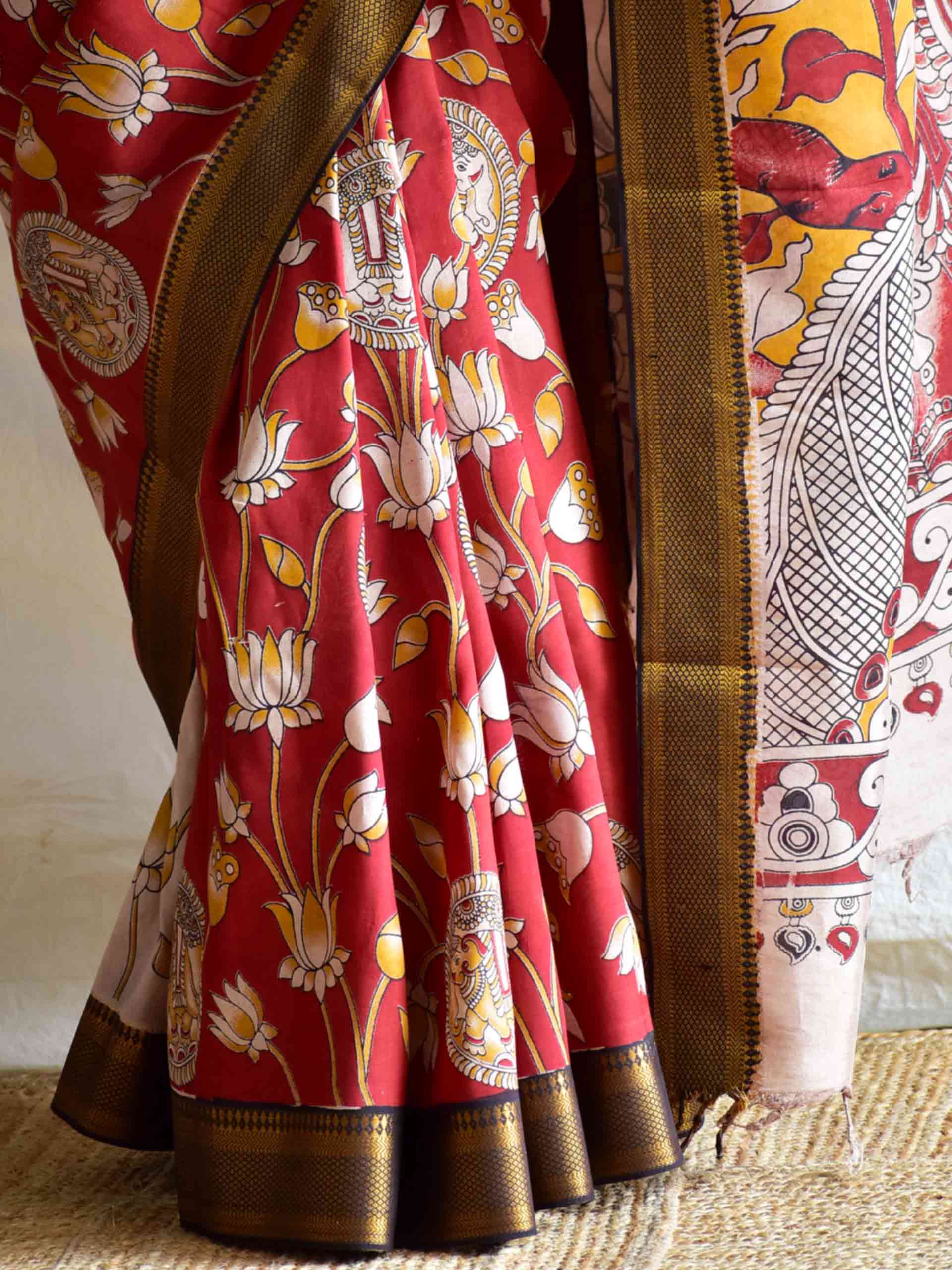 Mosiki - kalamkari printed mangalgiri Silk zari saree