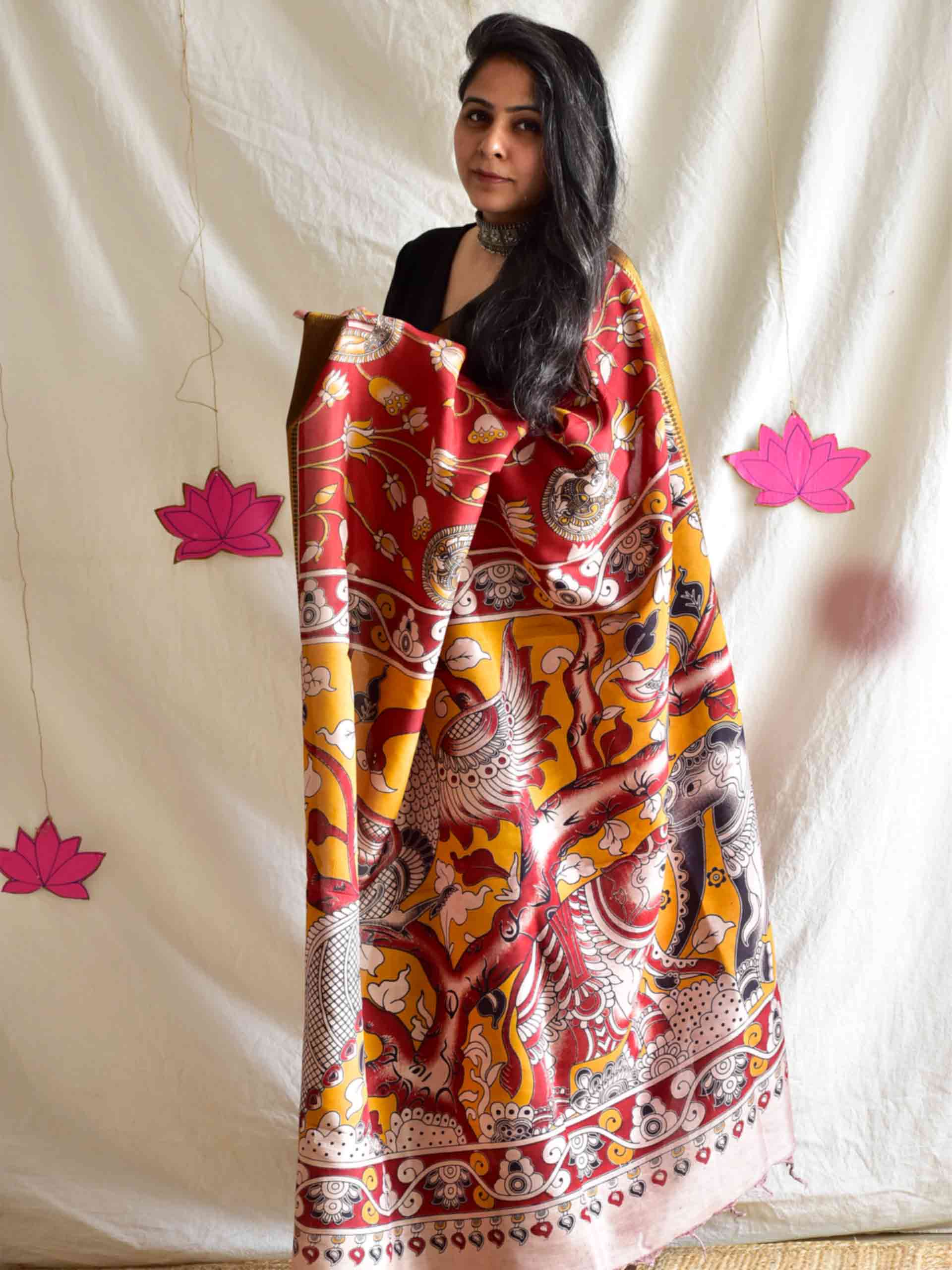 Mosiki - kalamkari printed mangalgiri Silk zari saree