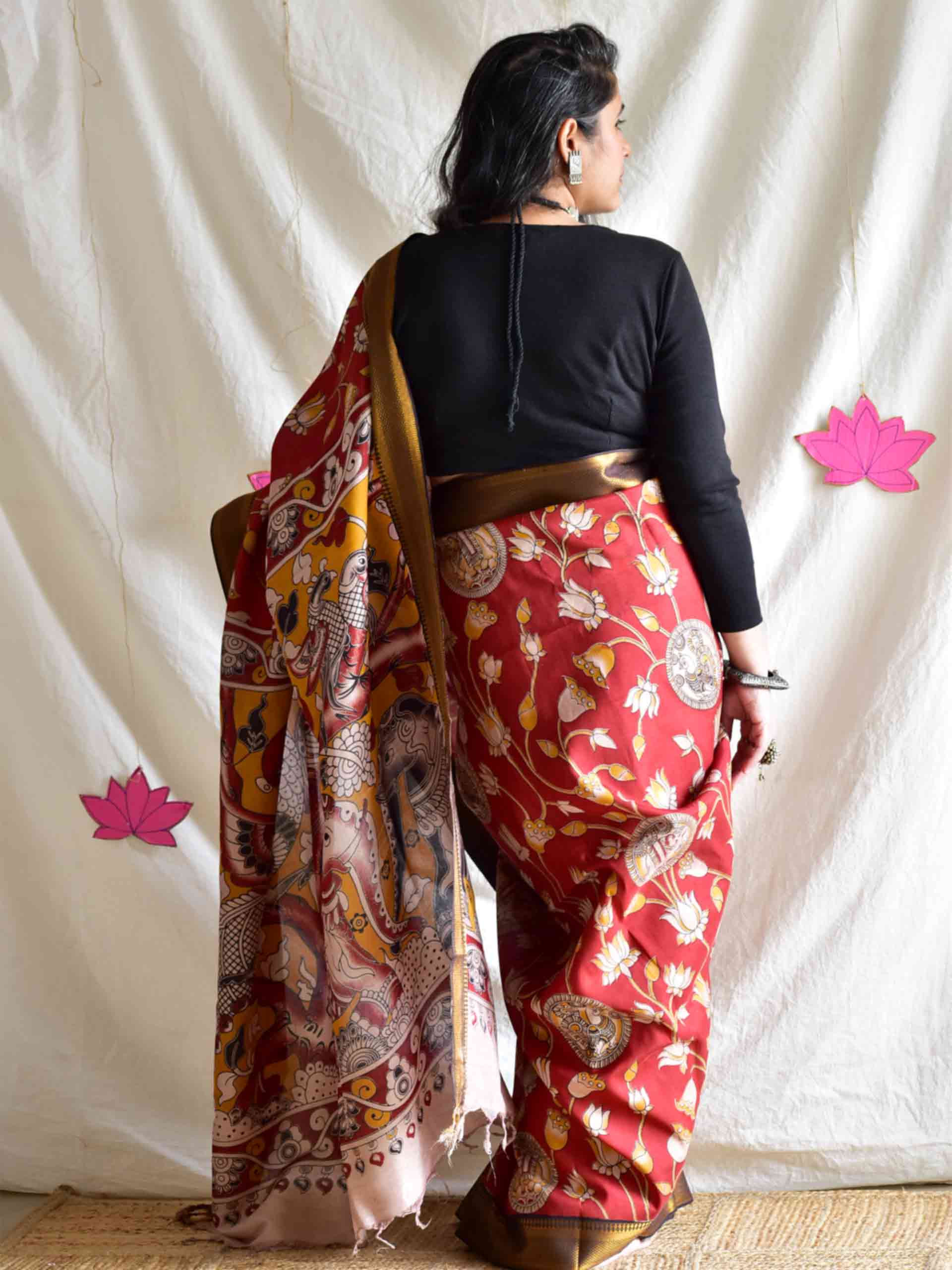 Mosiki - kalamkari printed mangalgiri Silk zari saree