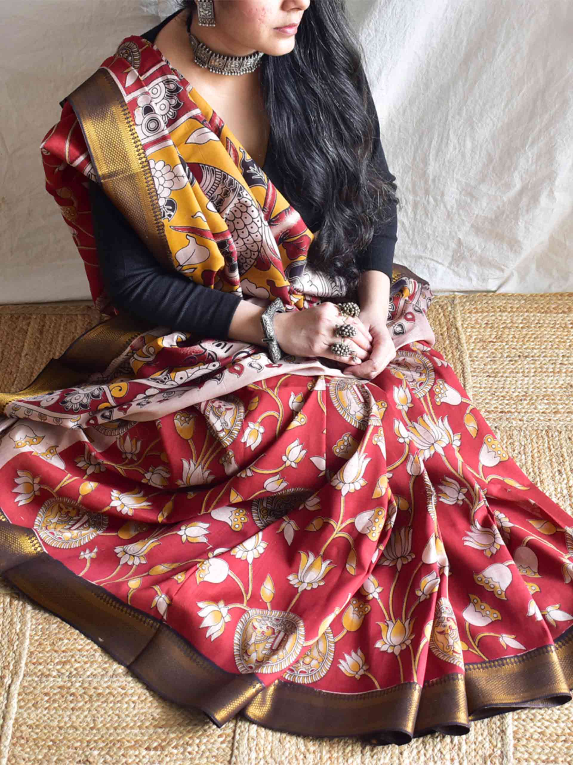 Mosiki - kalamkari printed mangalgiri Silk zari saree