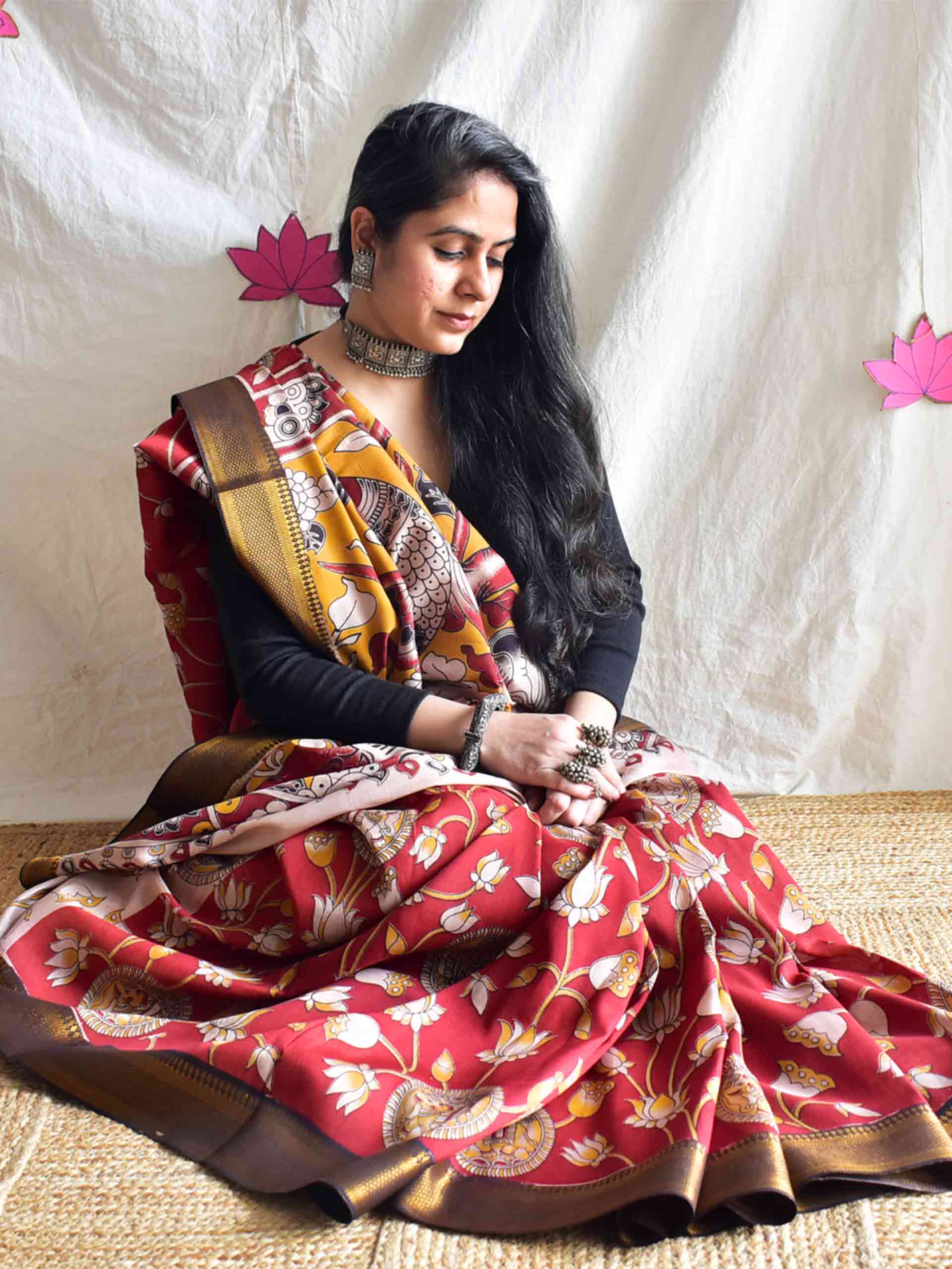 Mosiki - kalamkari printed mangalgiri Silk zari saree