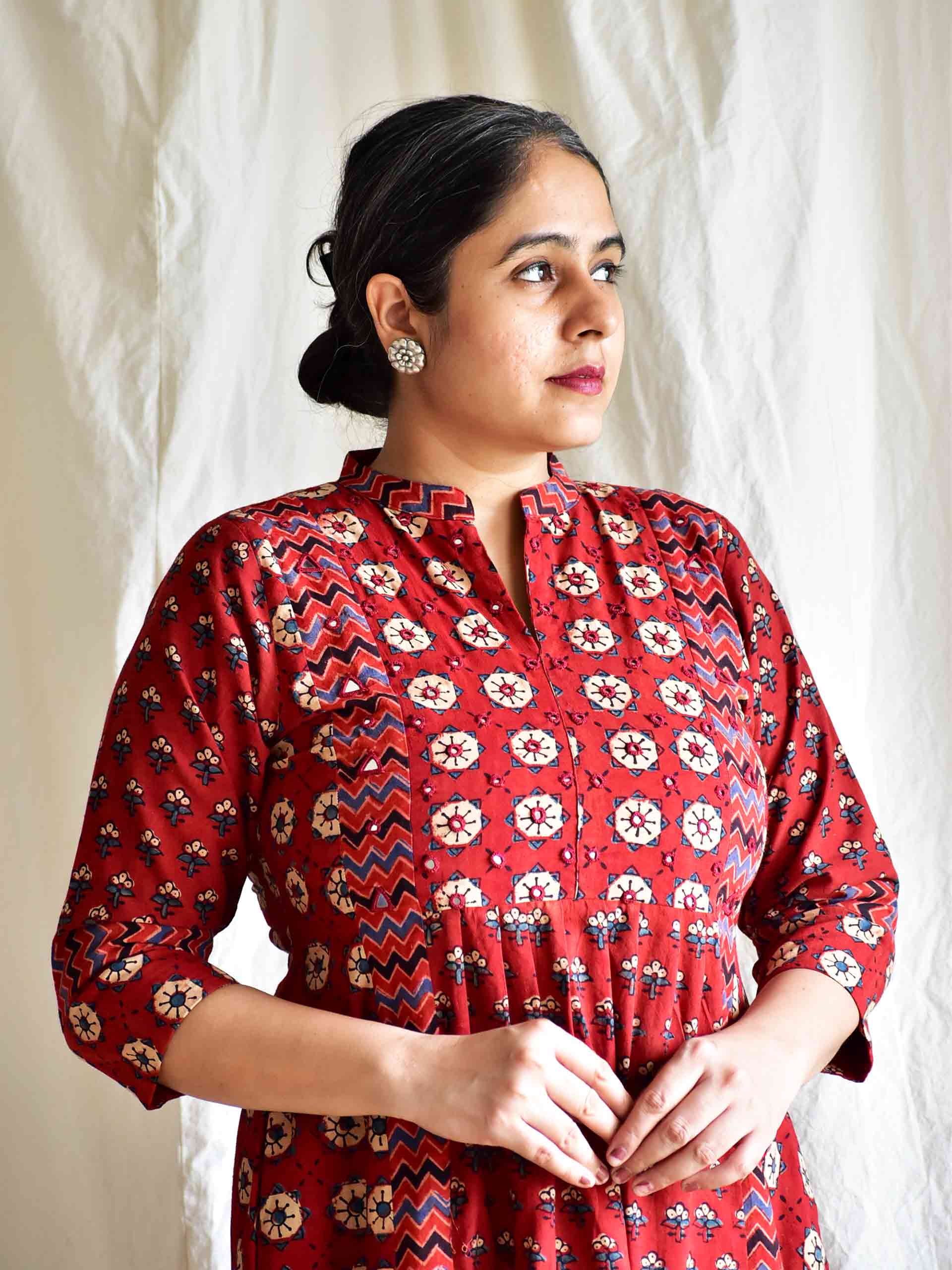 Birds - Ajrakh patchwork mirror embroidered dress