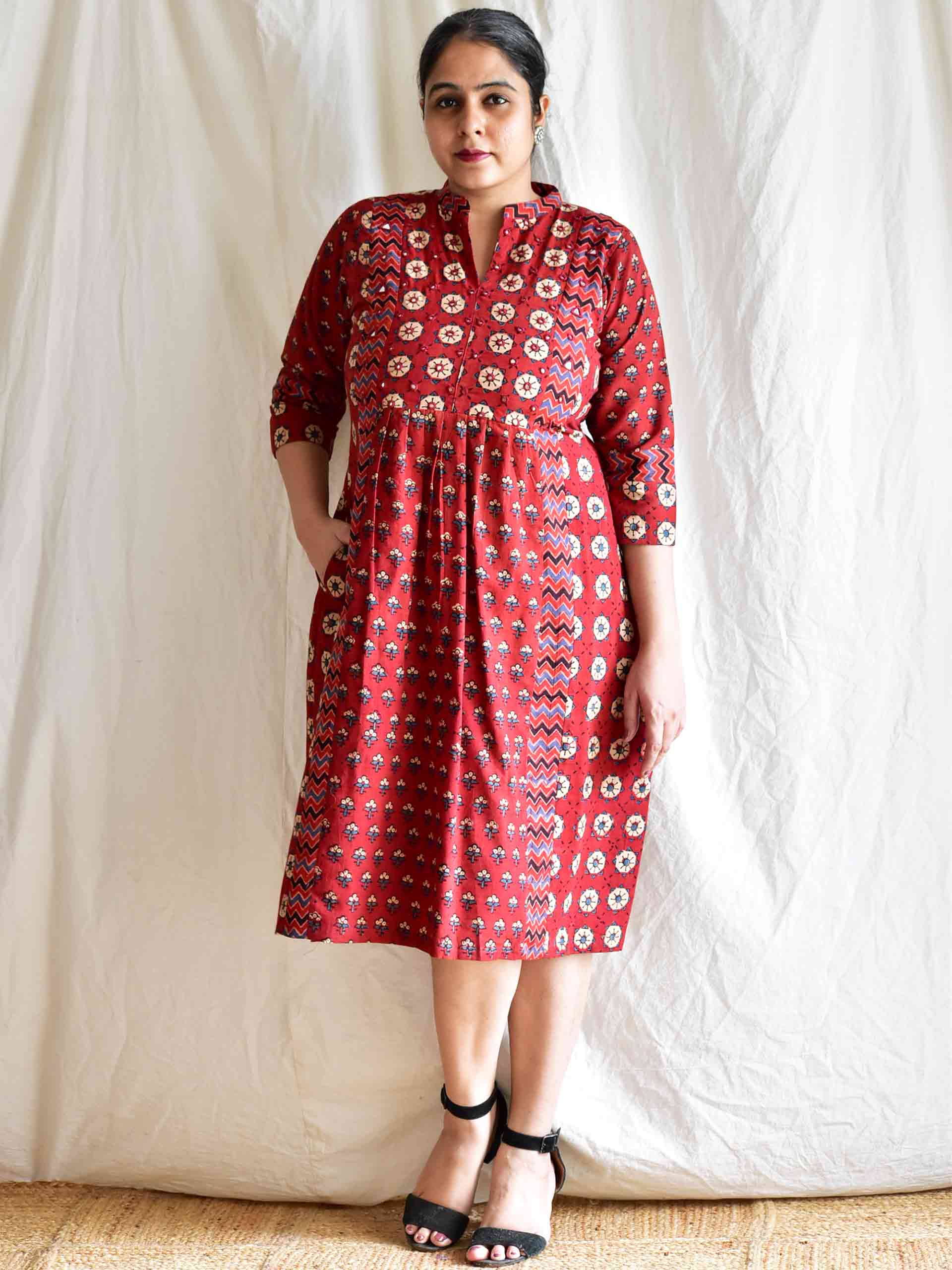 Birds - Ajrakh patchwork mirror embroidered dress