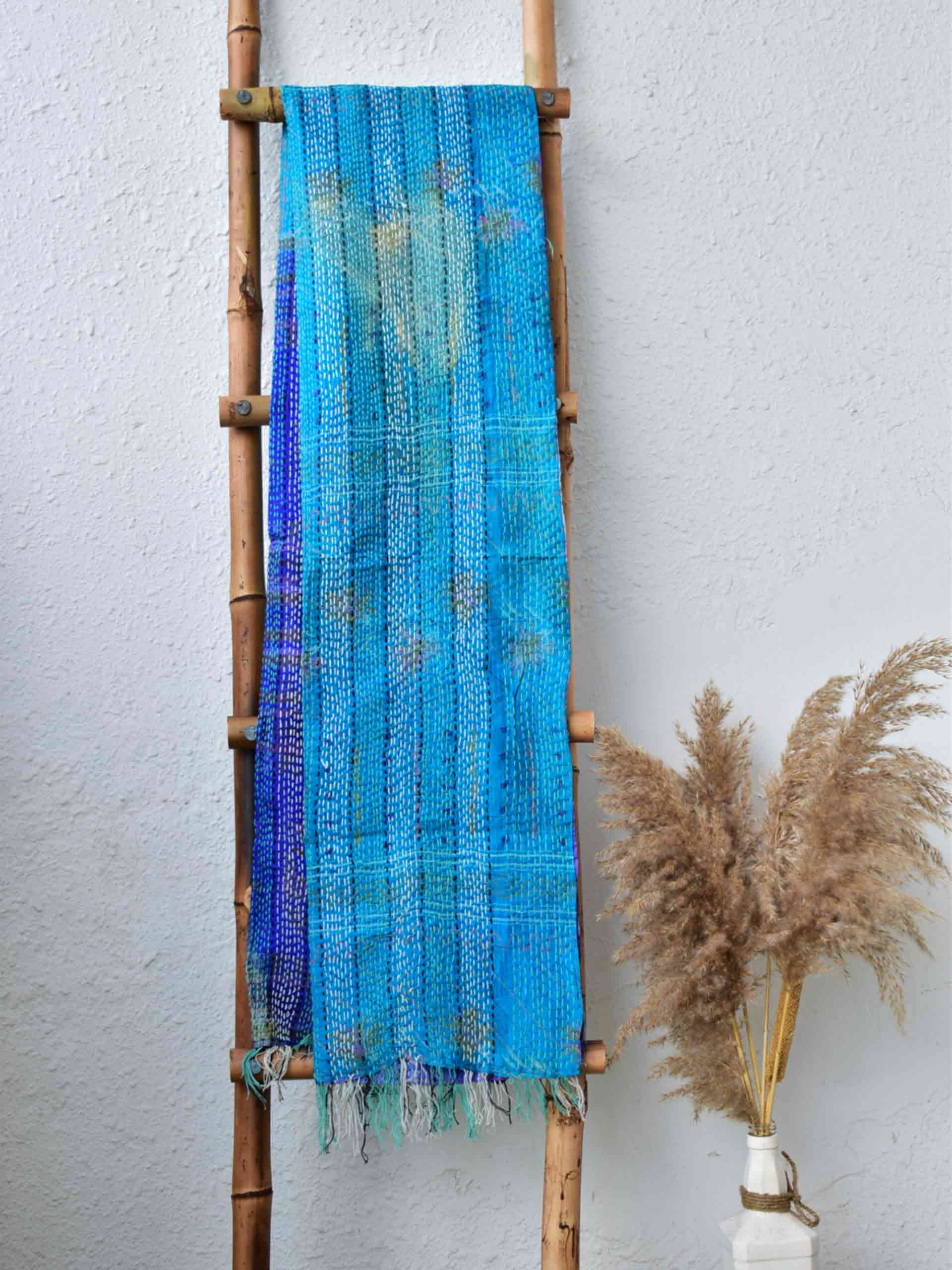 Dream of sky - Kantha embroidered dual side silk stole