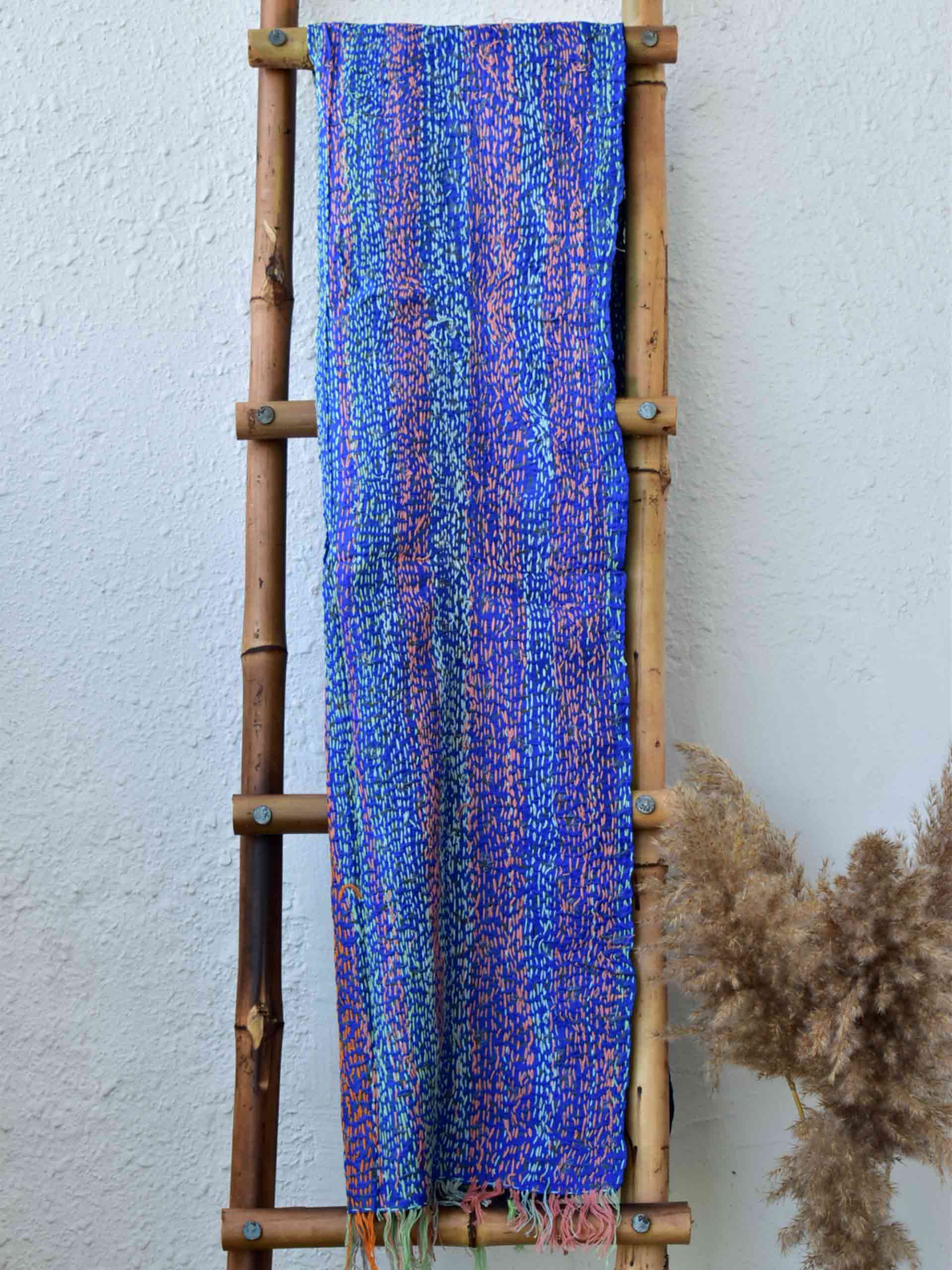 Hues of blue - Kantha embroidered dual side silk stole