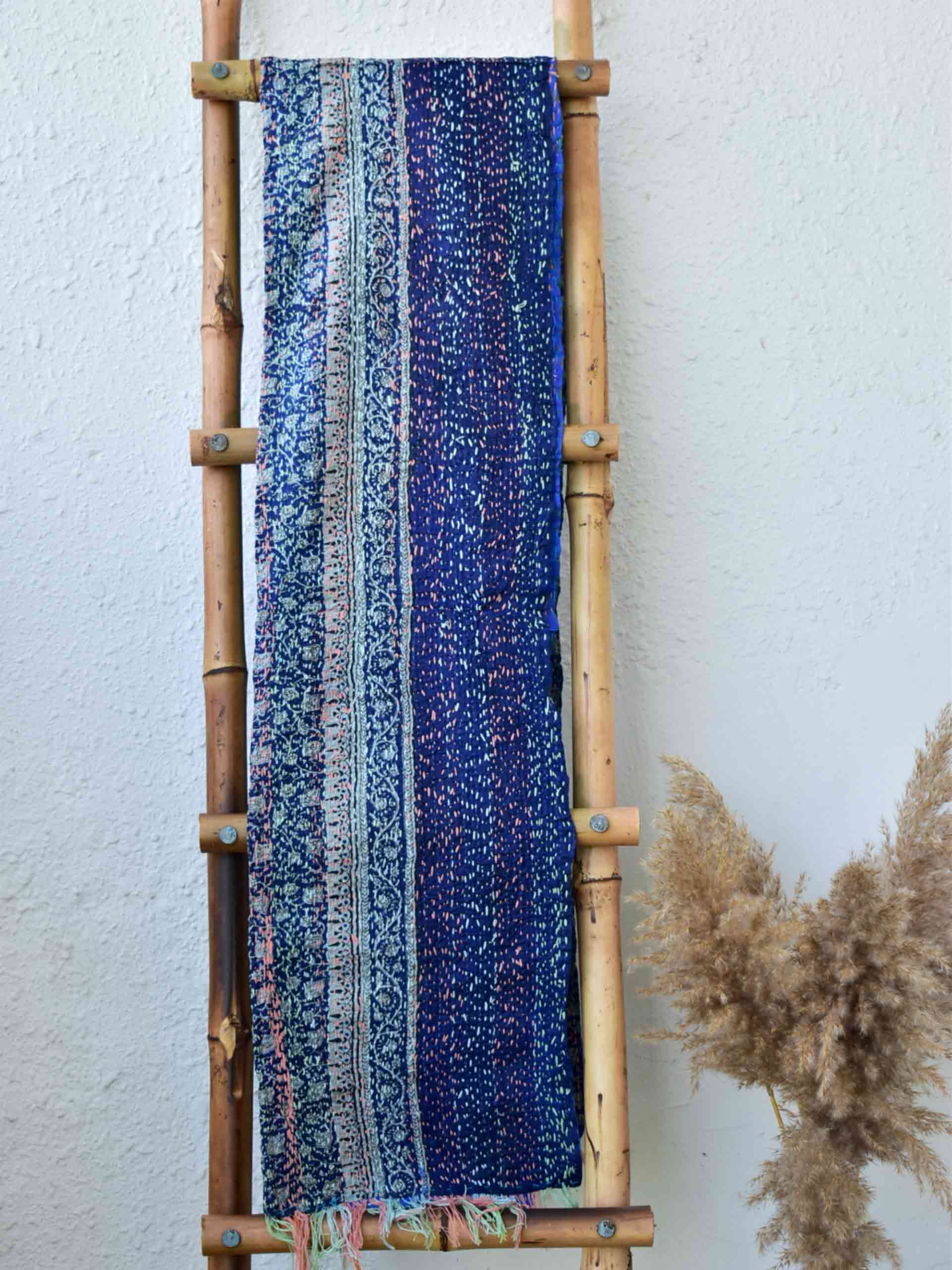 Hues of blue - Kantha embroidered dual side silk stole