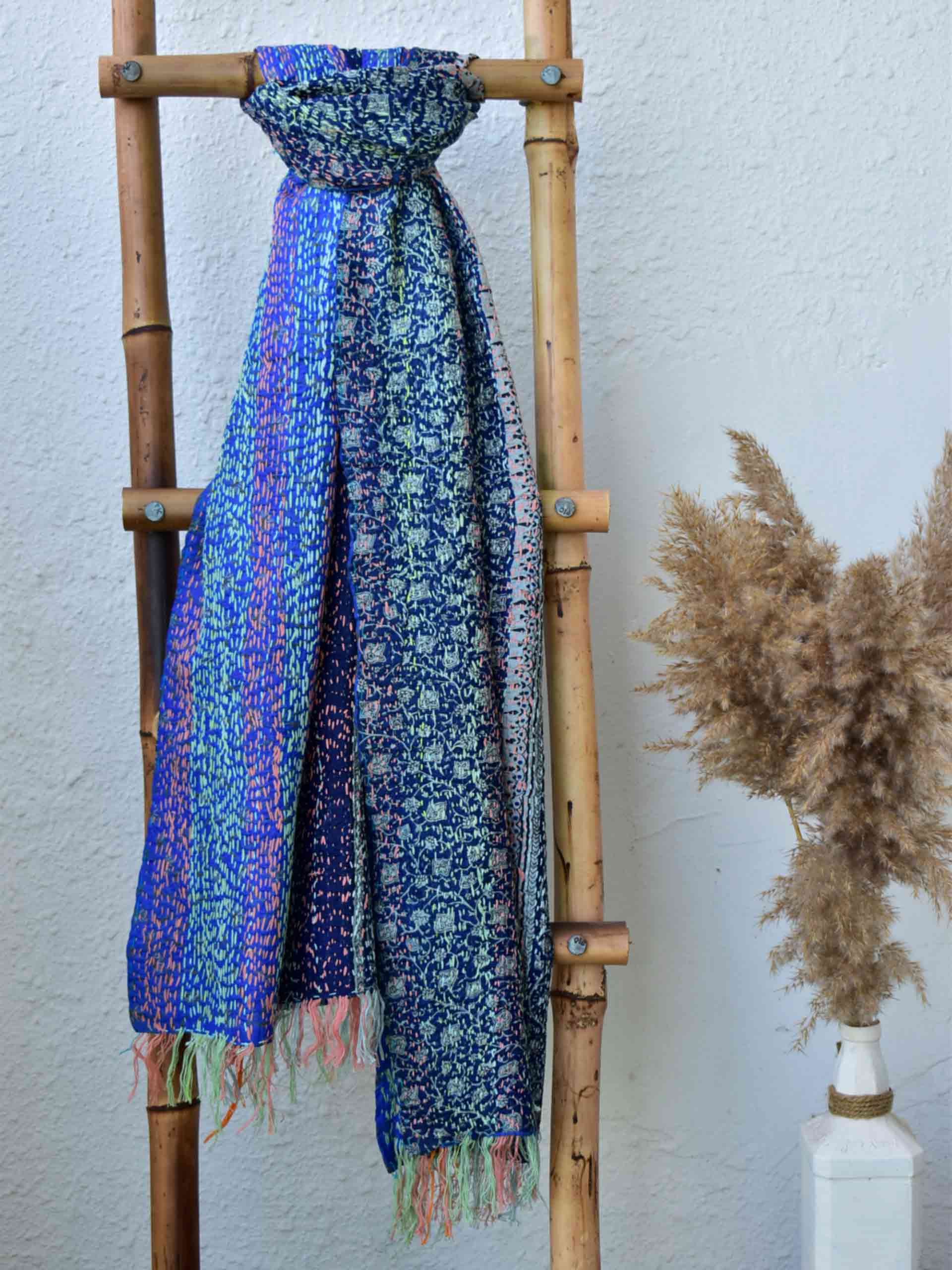 Hues of blue - Kantha embroidered dual side silk stole