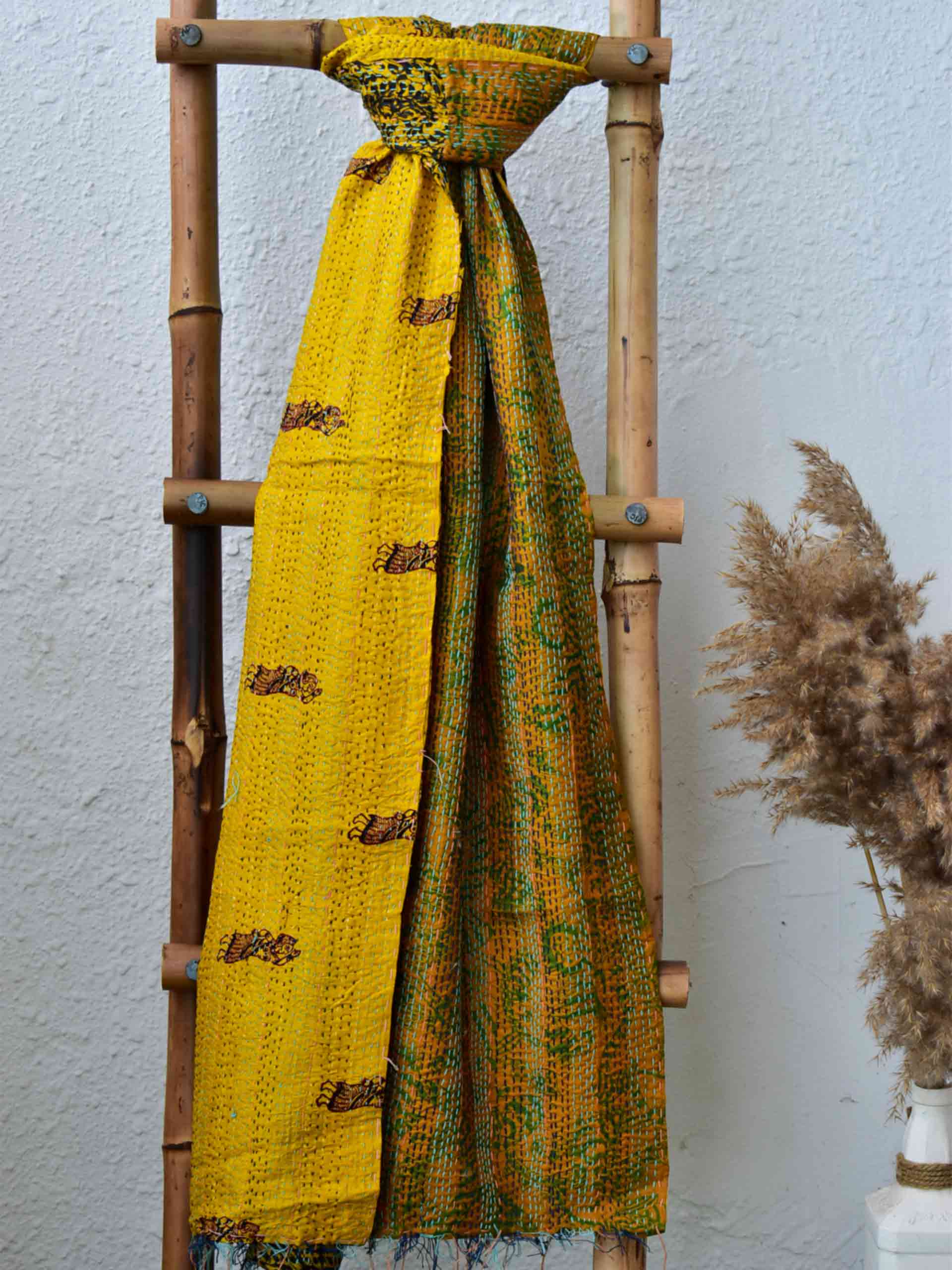 Little sunshine - Kantha embroidered dual side silk stole