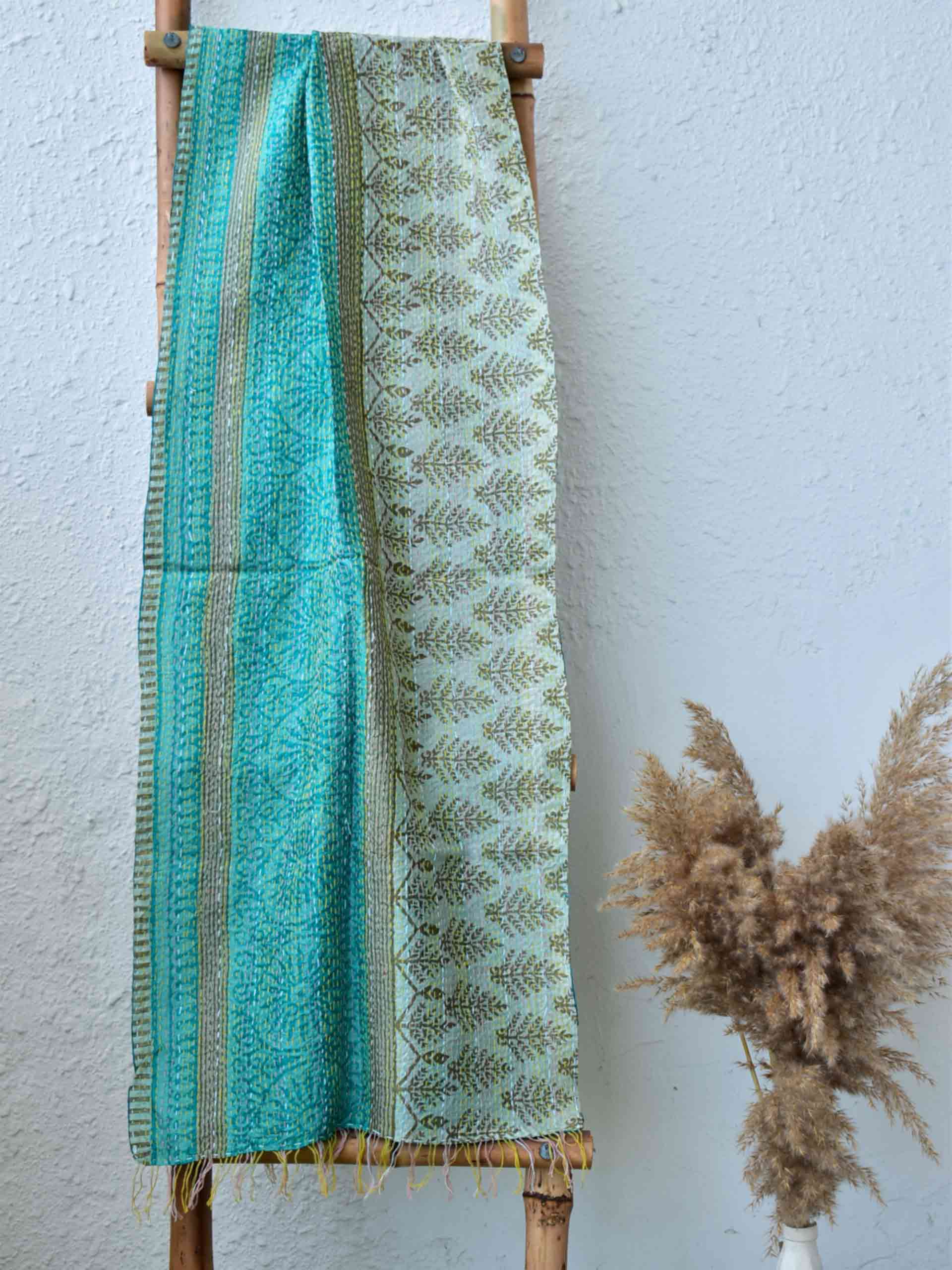 Blue kite - Kantha embroidered dual side silk stole