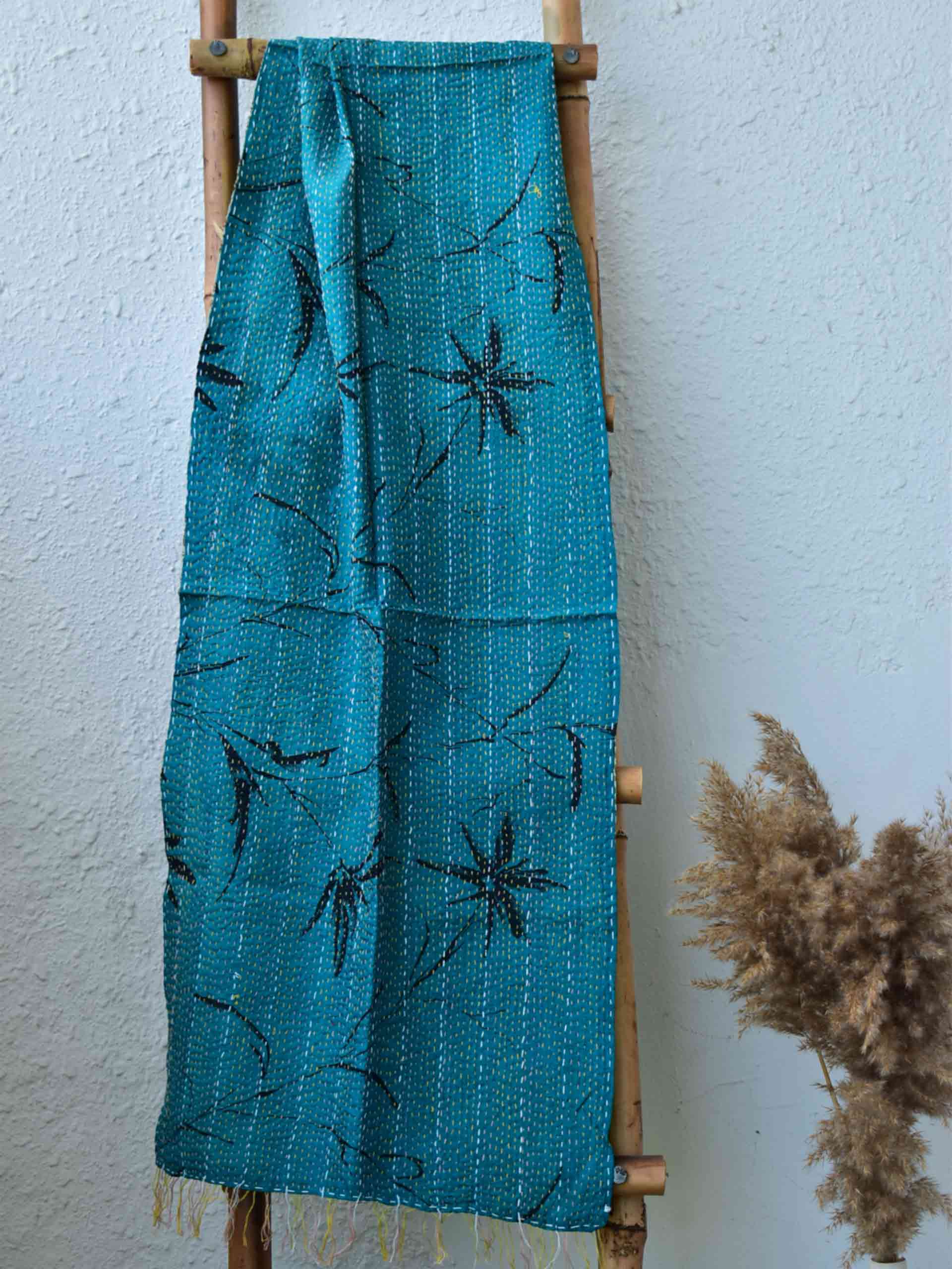 Blue kite - Kantha embroidered dual side silk stole