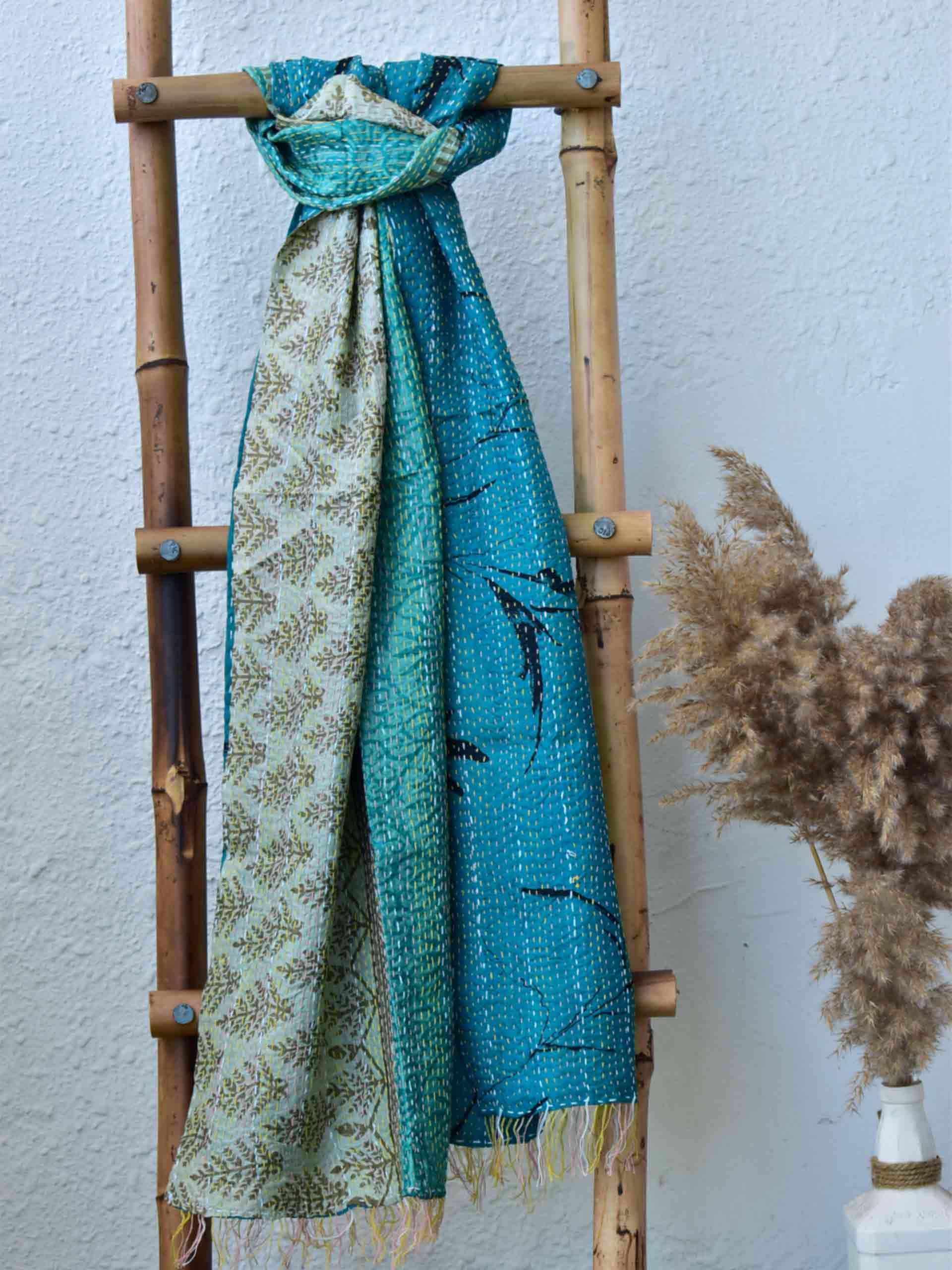 Blue kite - Kantha embroidered dual side silk stole