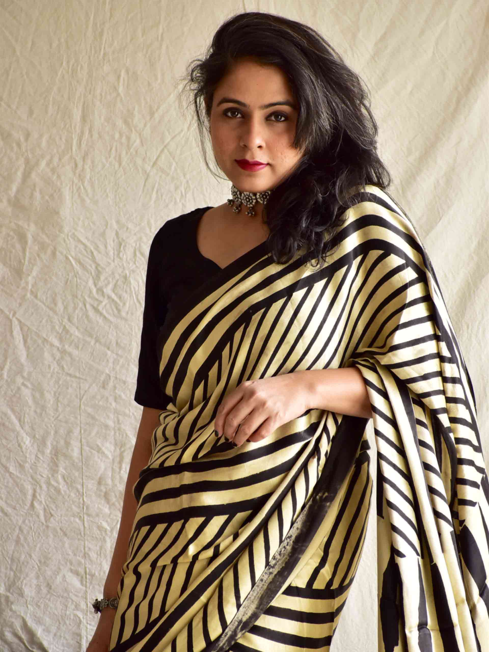 Mustard, Royal Blue & Grey Striped Silk Chanderi Saree with a Stunning –  Thearyavart