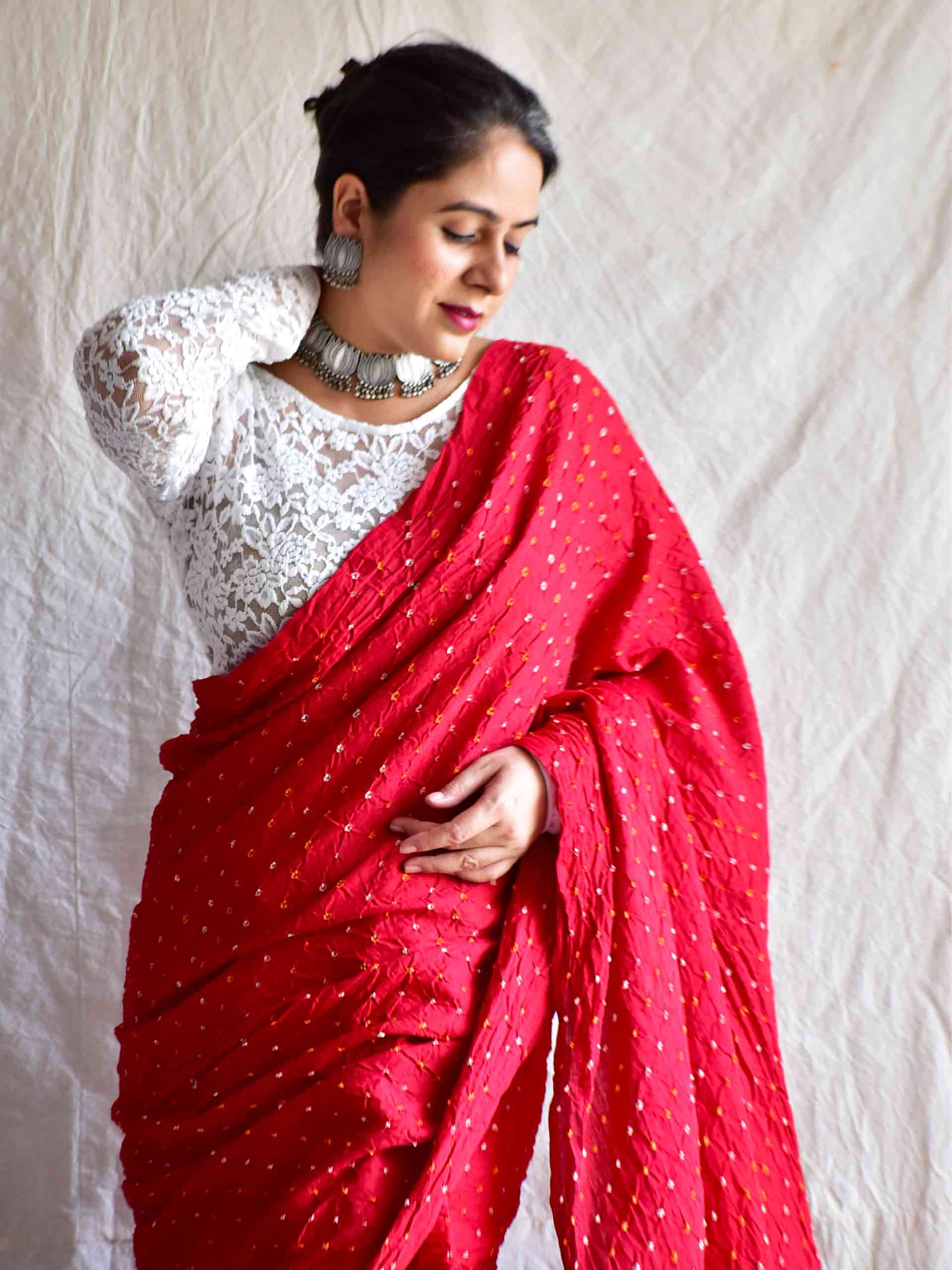 Red bandhani saree set ( stitched blouse) - Rangpur - 4265308