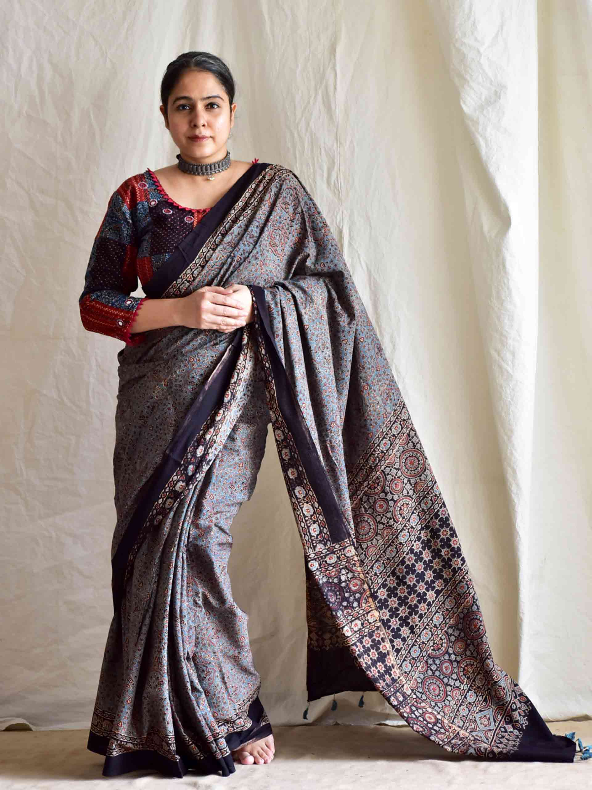 Kamdenu - Ajrakh cotton silk saree