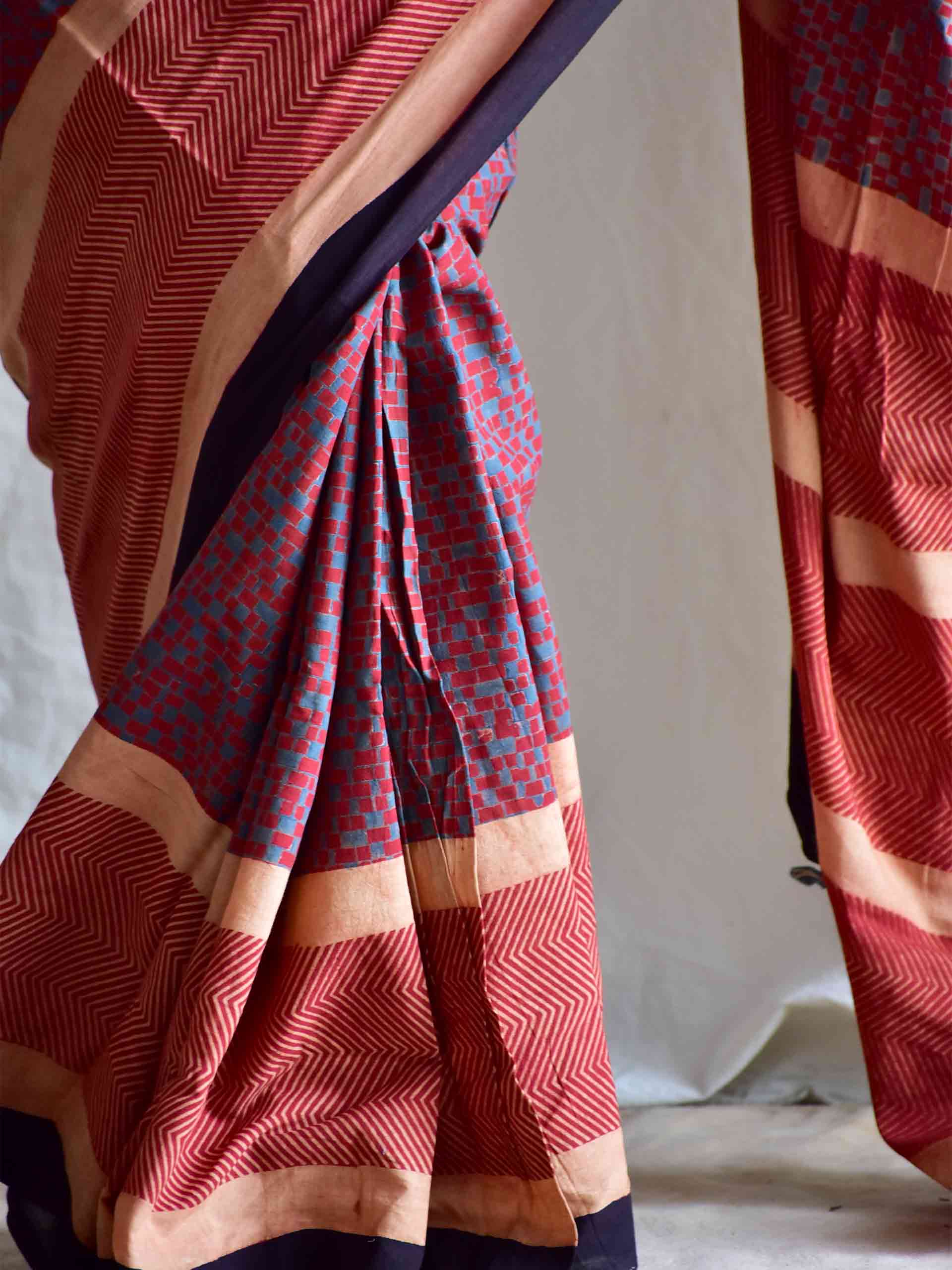 Madder red - Ajrakh mul cotton saree