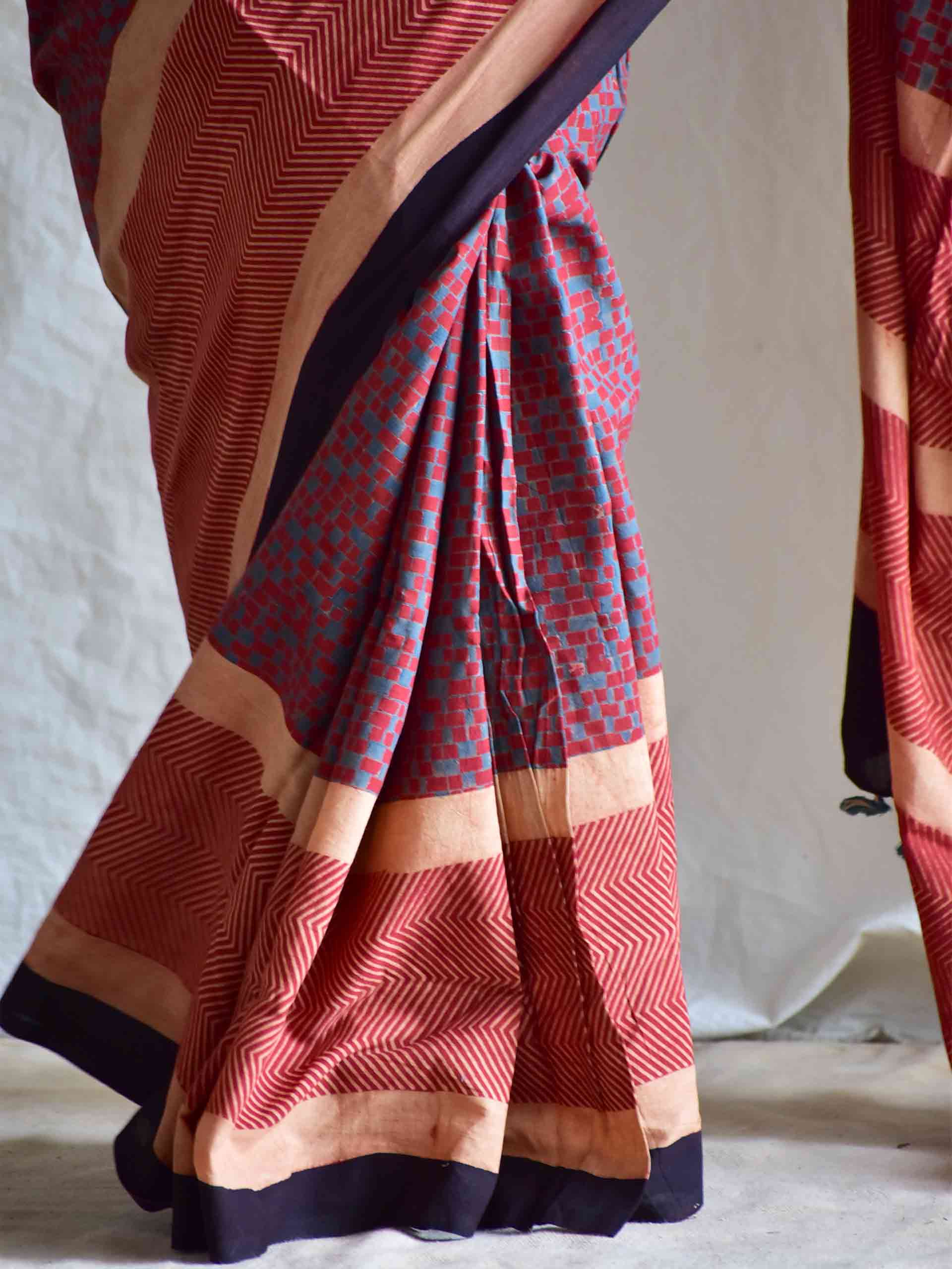 Madder red - Ajrakh mul cotton saree