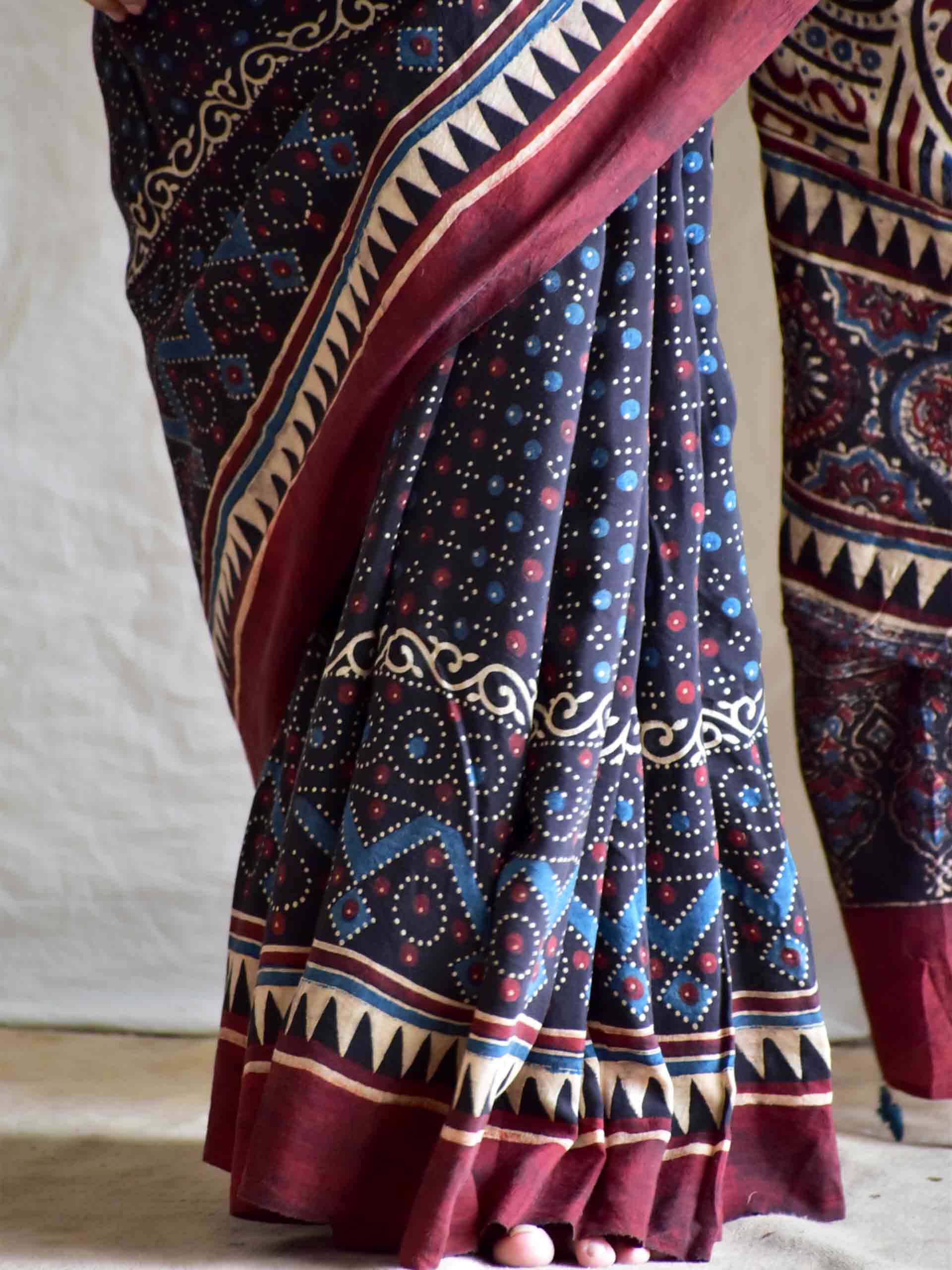 Meenakari - Ajrakh cotton silk saree